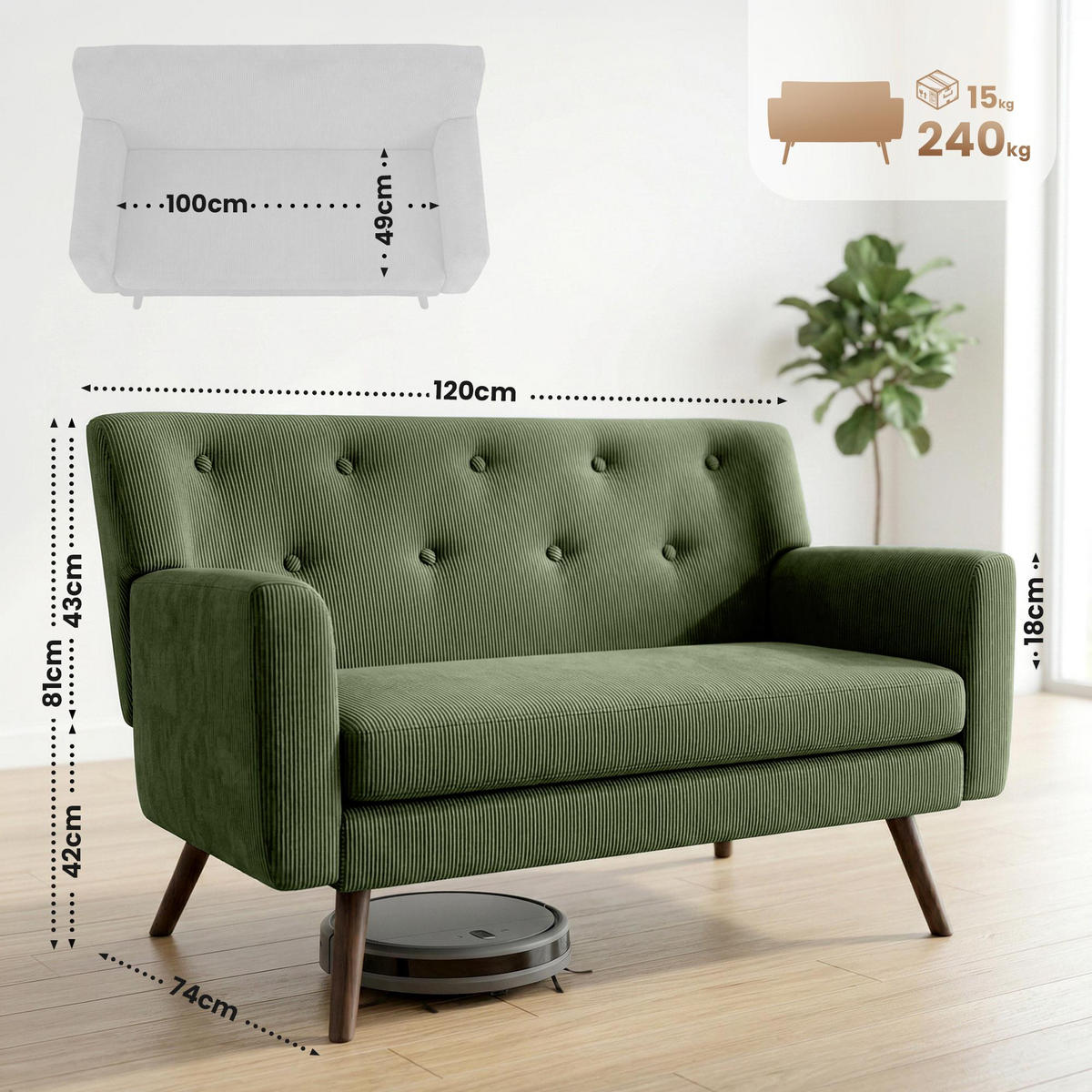 SOFA Arne Cord 2-Sitzer 120x74x81cm Cord Grün Couch - Grün, Kunststoff (120/81/74cm) - DELUKE