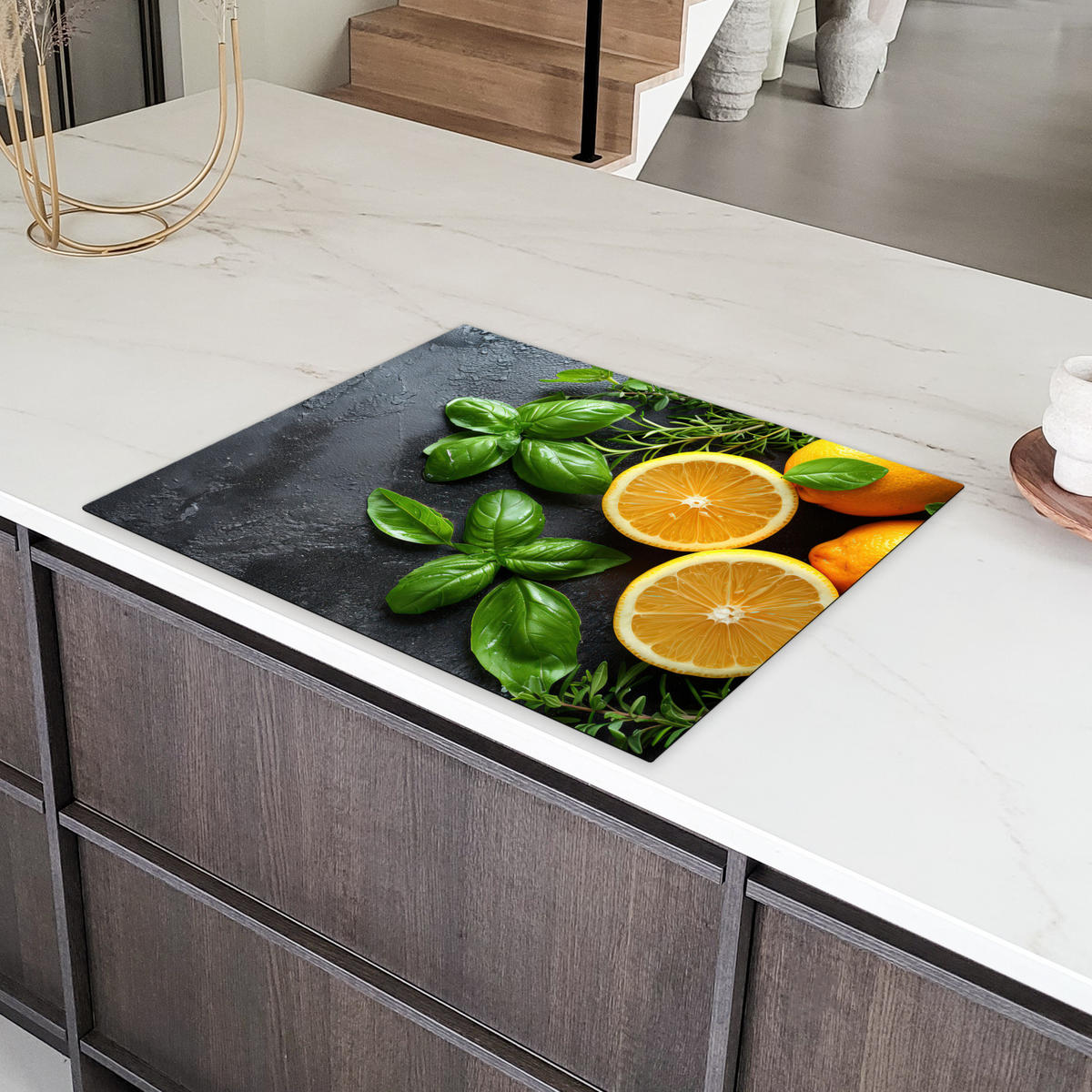 HERDABDECKPLATTE Obst - Grau - Konkret - Orange - Pflanzen Induktionsmatte 77x59 cm - Anthrazit, Kunststoff (77/59/0.2cm) - MuchoWow