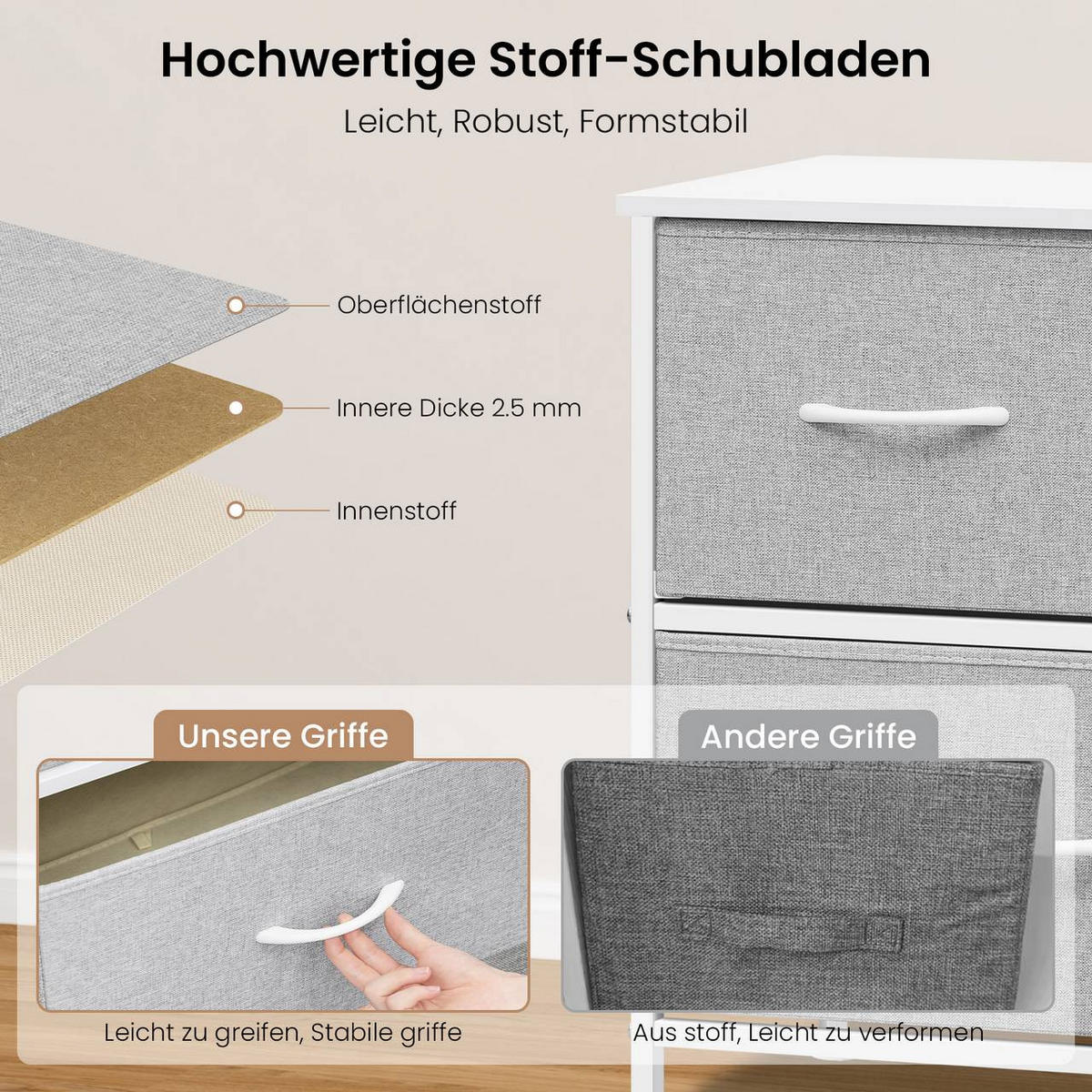 KOMMODENSCHRANK mit 5 Schubladen aus Holzwerkstoff ,Metallrahmen,Hellgrau - Hellgrau/Weiß, Holzwerkstoff/Metall (100/54/30cm) - Woltu