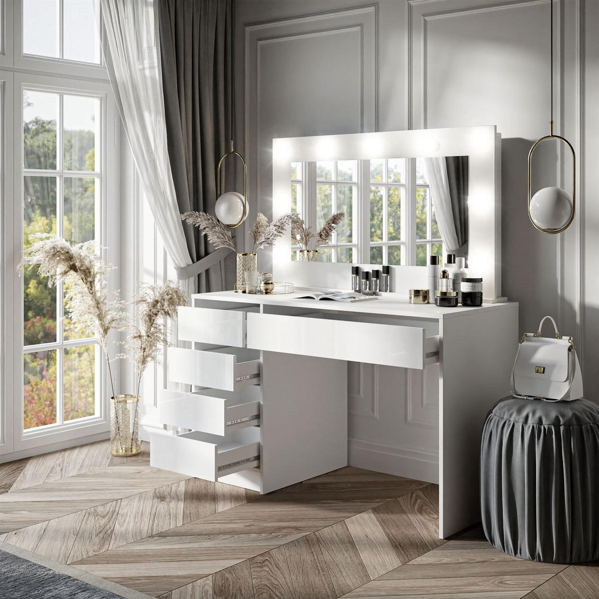 SCHMINKTISCH MADA mit Spiegel Weiß / Weiß - Weiß, Holzwerkstoff (120/142/55cm) - Lookway