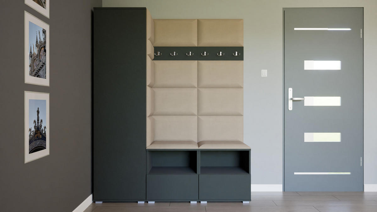 GARDEROBEN-SET Nela II mit gepolsterten Paneelen 150/187/40 - Beige/Silberfarben, Holzwerkstoff/Kunststoff (150/187/40cm)