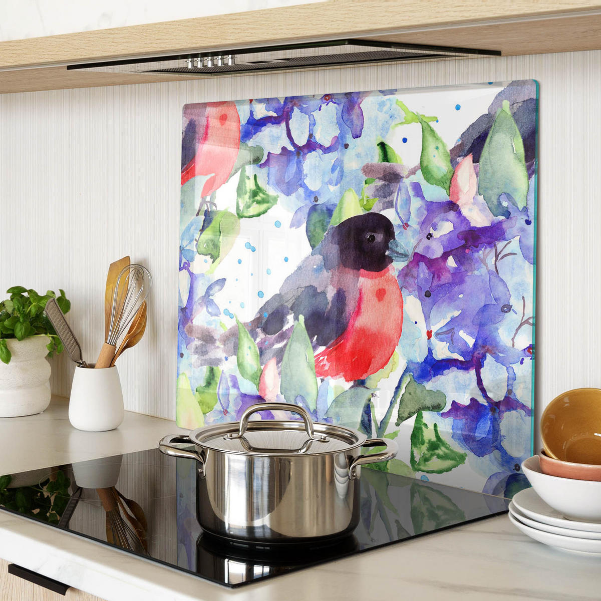 GLASPLATTE 60x52 cm Vogel und Blumen - Gelb/Multicolor, Glas (60/0.4/52cm) - TULUP