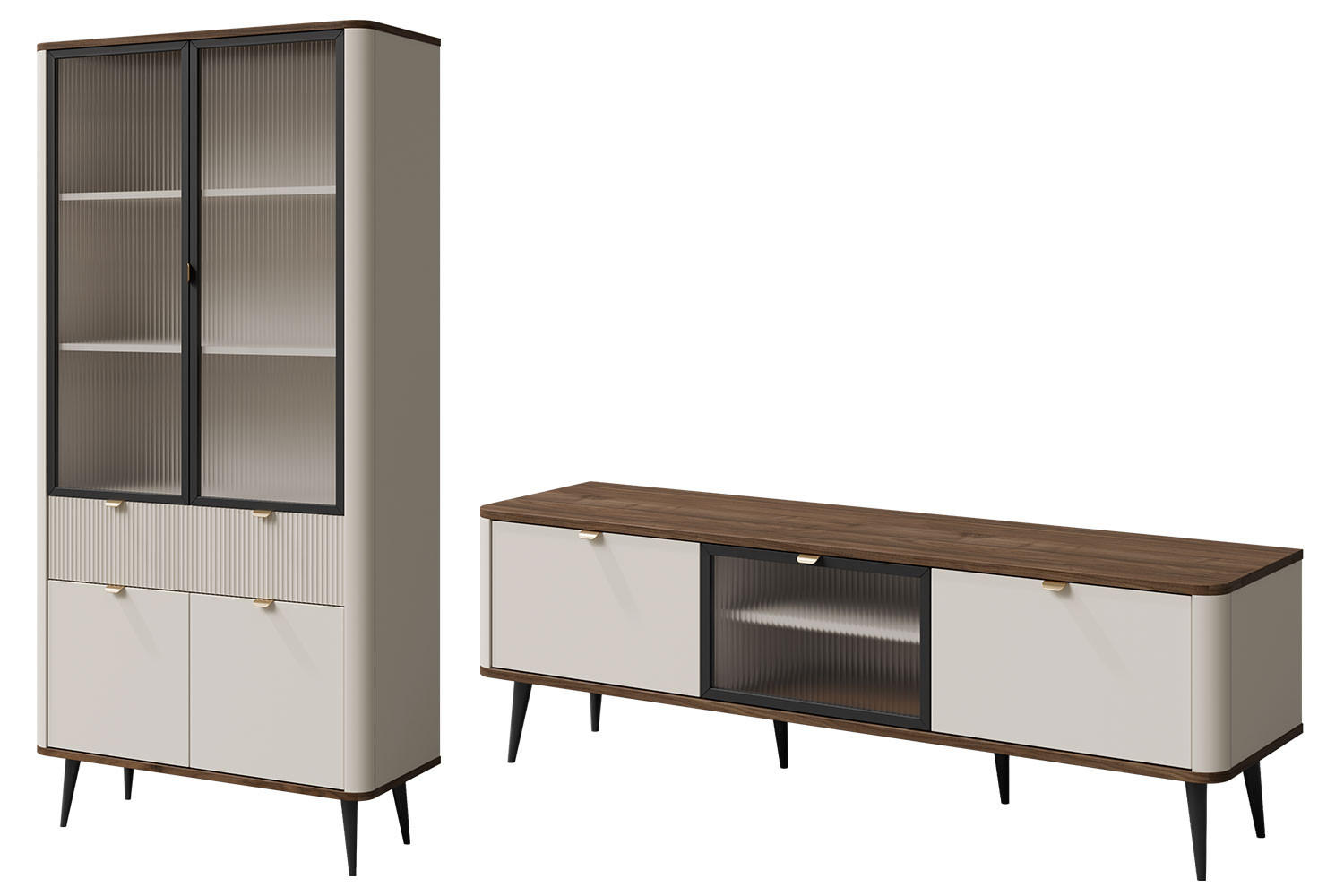 WOHNZIMMER-SET Marly Kaschmir / Walnuss (2-tlg) - Kaschmir/Beige, Holzwerkstoff/Metall (250/191/40cm) - Feldmann-Wohnen