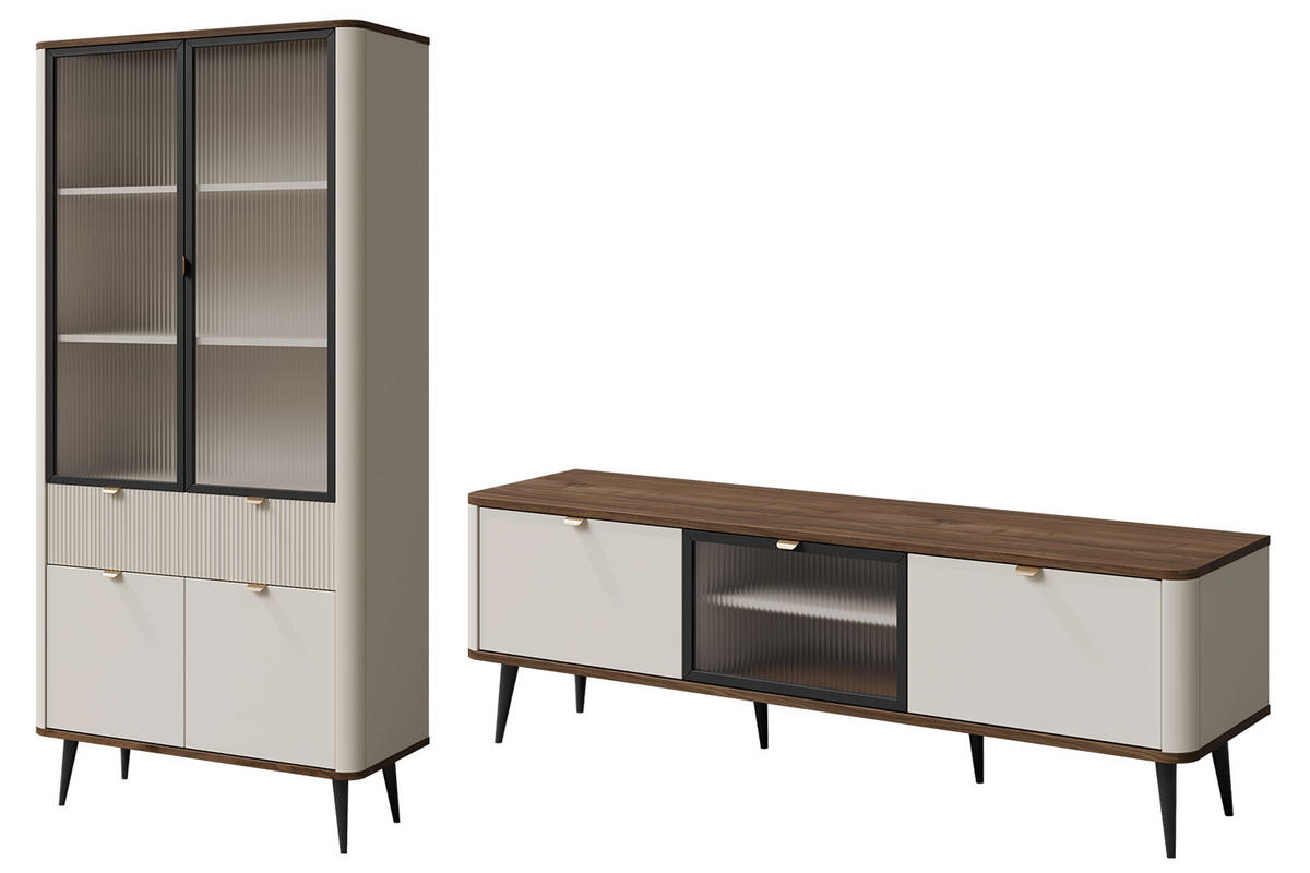 WOHNZIMMER-SET Marly Kaschmir / Walnuss (2-tlg) - Kaschmir/Beige, Holzwerkstoff/Metall (250/191/40cm) - Feldmann-Wohnen