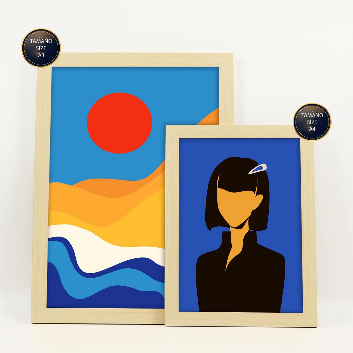 POSTER Set Mit 6 Wüstenjungen In Weibliche Zusammenfassung Ästhetische Dekorative Gemälde Für Ihr Wohnzimmer Zuhause A3 & A4 Rahmen Aus Hellem Holz - Beige, Papier (29/3cm) - Nacnic