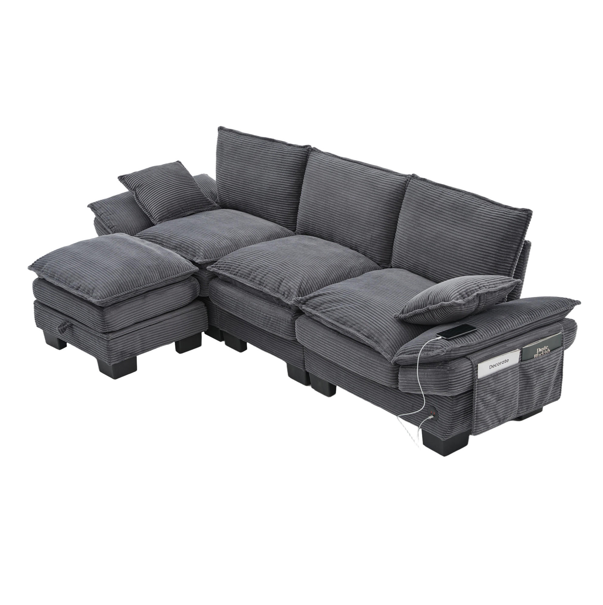 ECKSOFA aus Cord 260x132x84 cm in Dunkelgrau mit USB-C & Hocker - Dunkelgrau, Textil (132/260cm) - Modfu