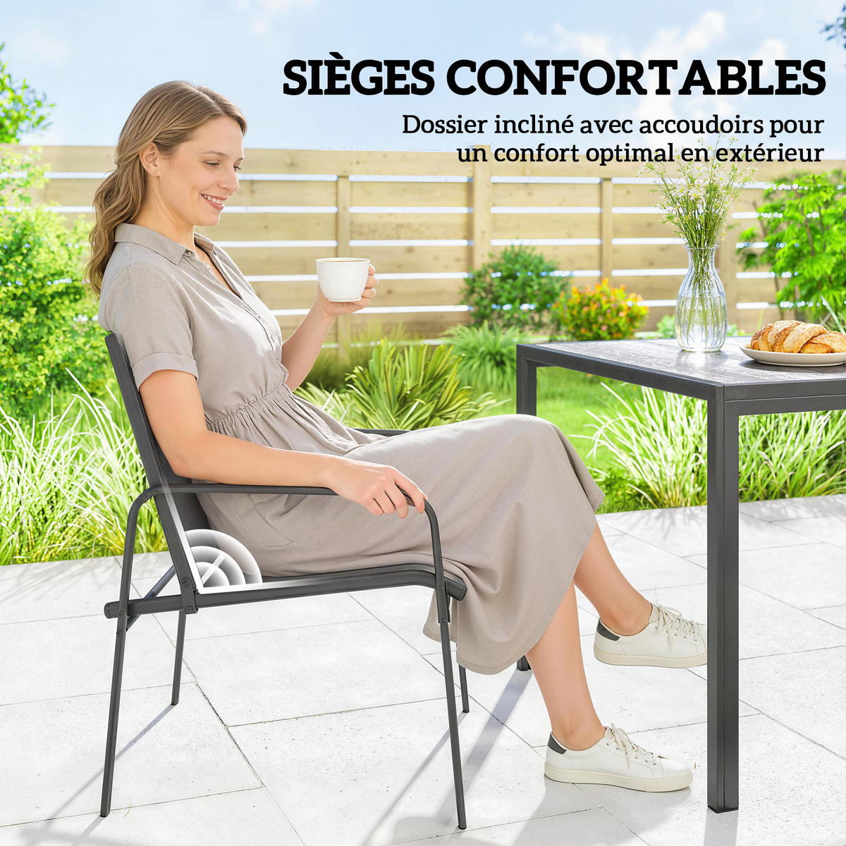 GARTENTISCHGRUPPE DE-18124 7-teilig, Holzoptik, Mesh-Bezug Schwarz - Schwarz, Metall - ComfortXL