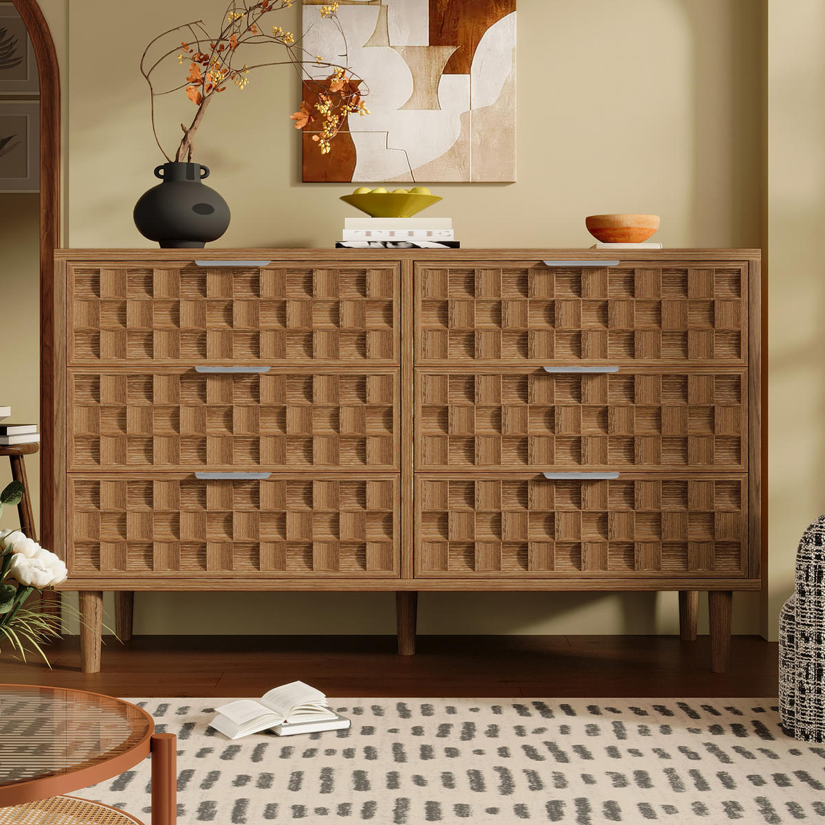 SIDEBOARD Eiche-Optik mit 6 Schubladen & Schokoladenwaffel-Design - Eichefarben, Holzwerkstoff (120/77/37cm) - Urban Meuble