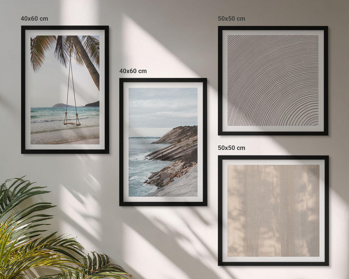 WANDBILDER 4er-Set - 50x50 cm & 40x60 cm Schwarzer Rahmen - Sommerlicher Sandstrand mit Meerblick - Schwarz, Kunststoff (50/50cm) - ArtPrintCave