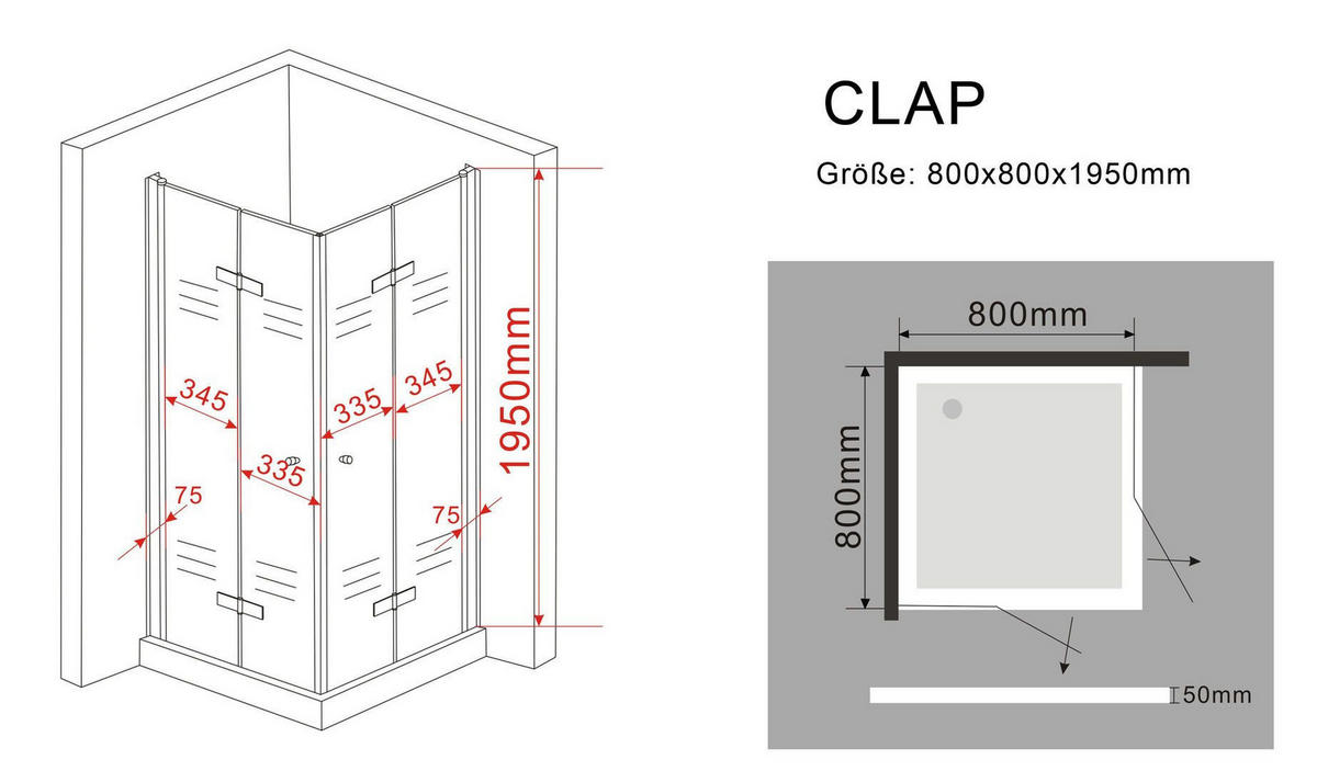DUSCHKABINE CLAP Klar 80 x 80 x 195 cm 8 mm ESG - Klar, Glas (80/80/195cm) - Glasdeals