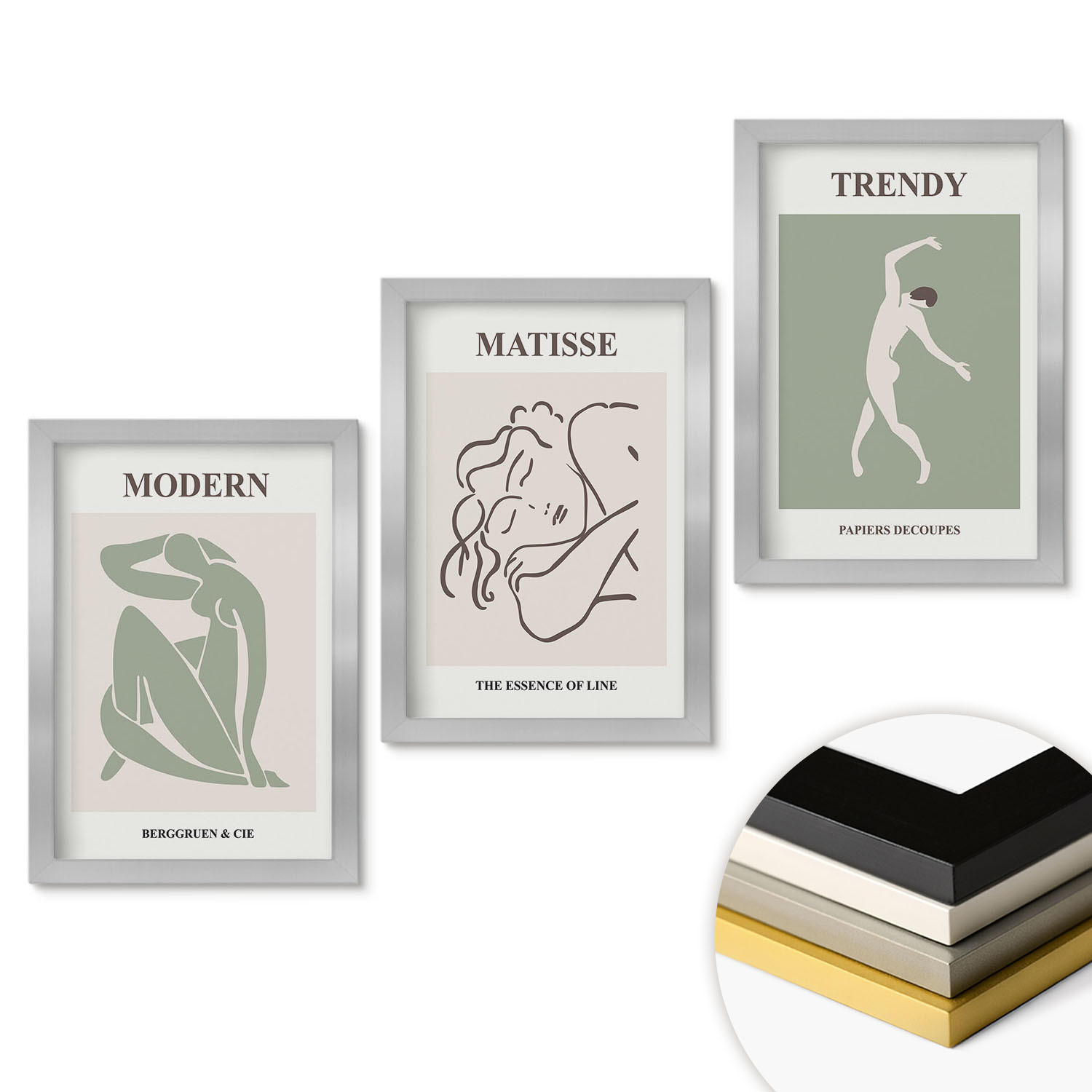 WANDBILDER 3er Set - 20x30 cm Silberner Rahmen - Stilvolle minimalistische Charaktere - Silberfarben, Kunststoff (20/30cm) - ArtPrintCave