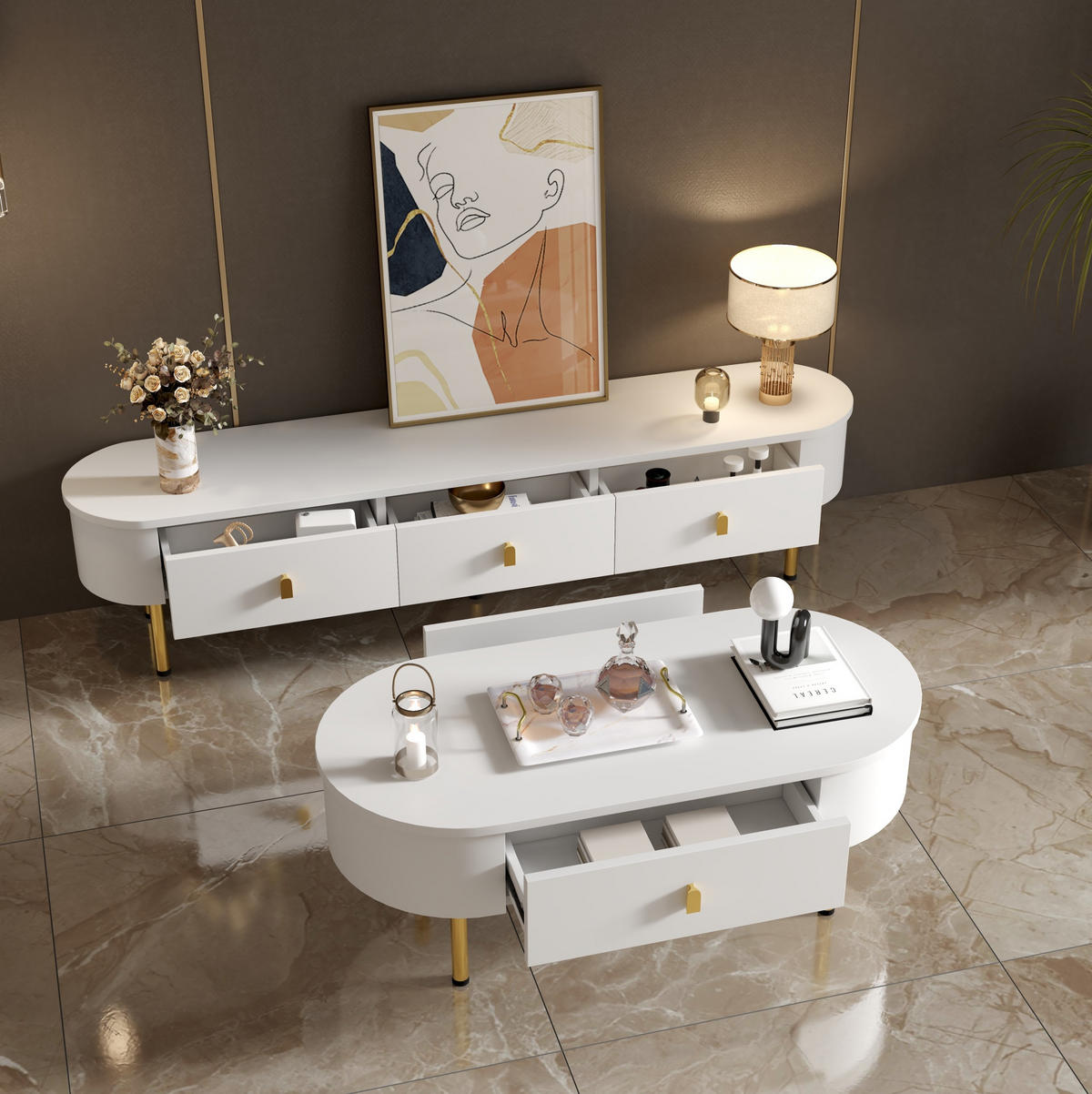 TV-SCHRANK in Weiß lackiert mit 3 Schubladen und goldfarbenen Beinen 174/35/41 cm - Weiß, Holzwerkstoff (174/41/35cm) - Redom