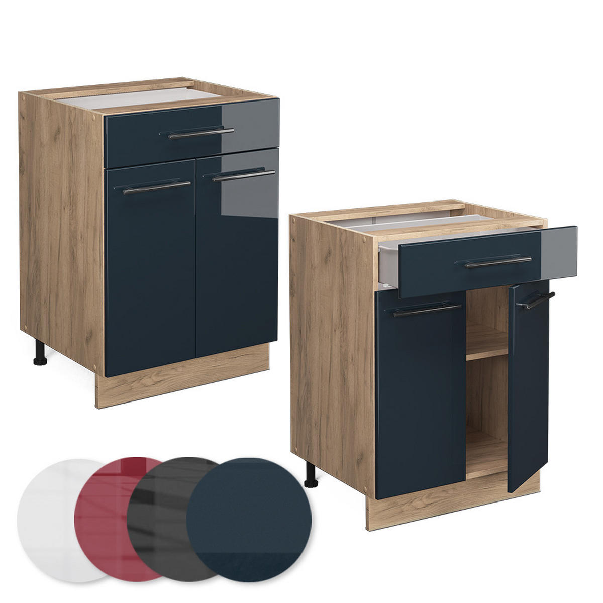 KÜCHENUNTERSCHRANK Fame-Line Dunkelblau Hochglanz 60 cm mit Schublade AP Eiche - Eiche Wotan/Dunkelblau, Holzwerkstoff (60/82/60cm) - Vicco