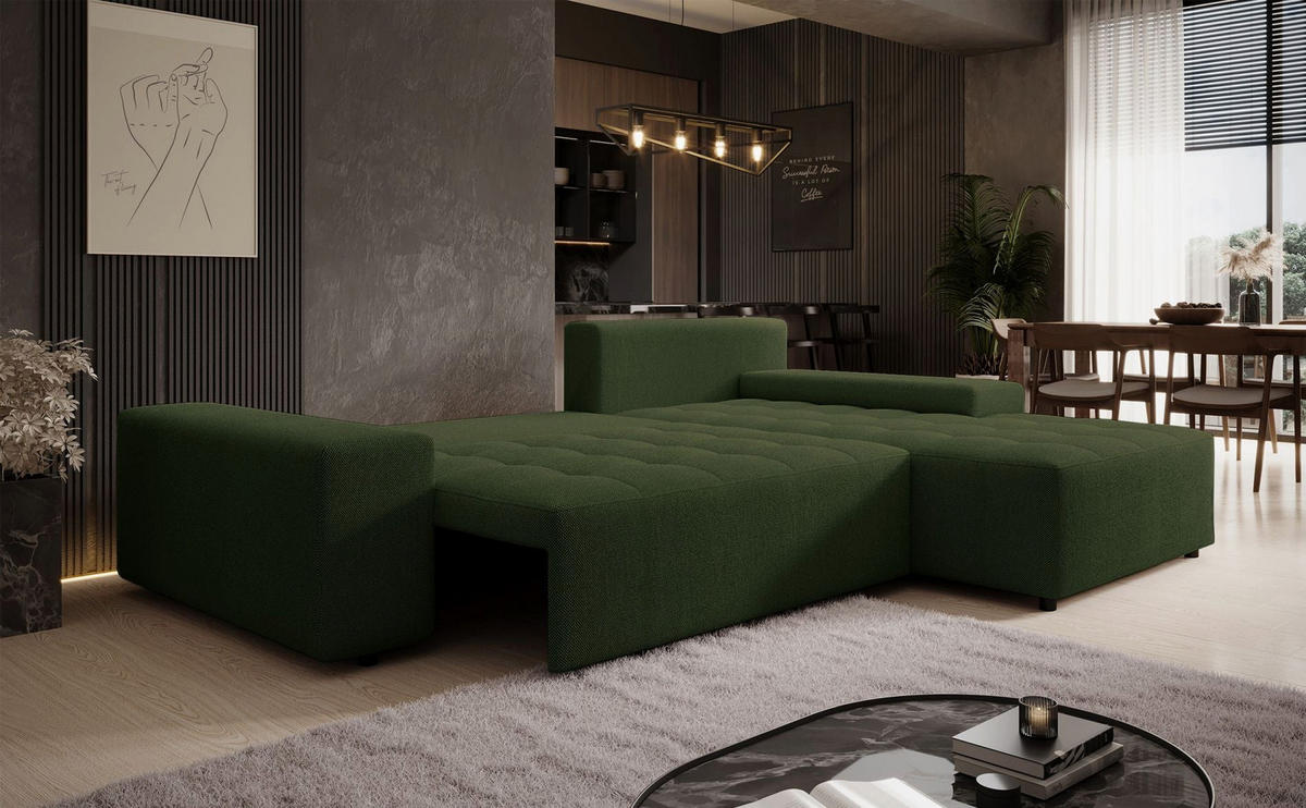ECKSOFA Neluro Olivgrün Chenille wasserabweisend - Schwarz/Olivgrün, Kunststoff/Textil (268/184cm) - Selsey