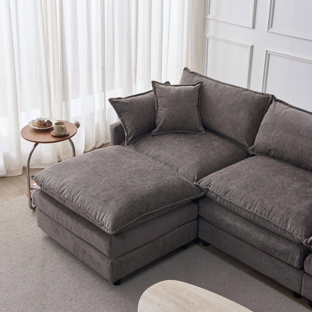 ECKSOFA Chenille Grau mit Hocker und Kissen - Grau, Holzwerkstoff/Kunststoff (267/154cm) - WISHDOR