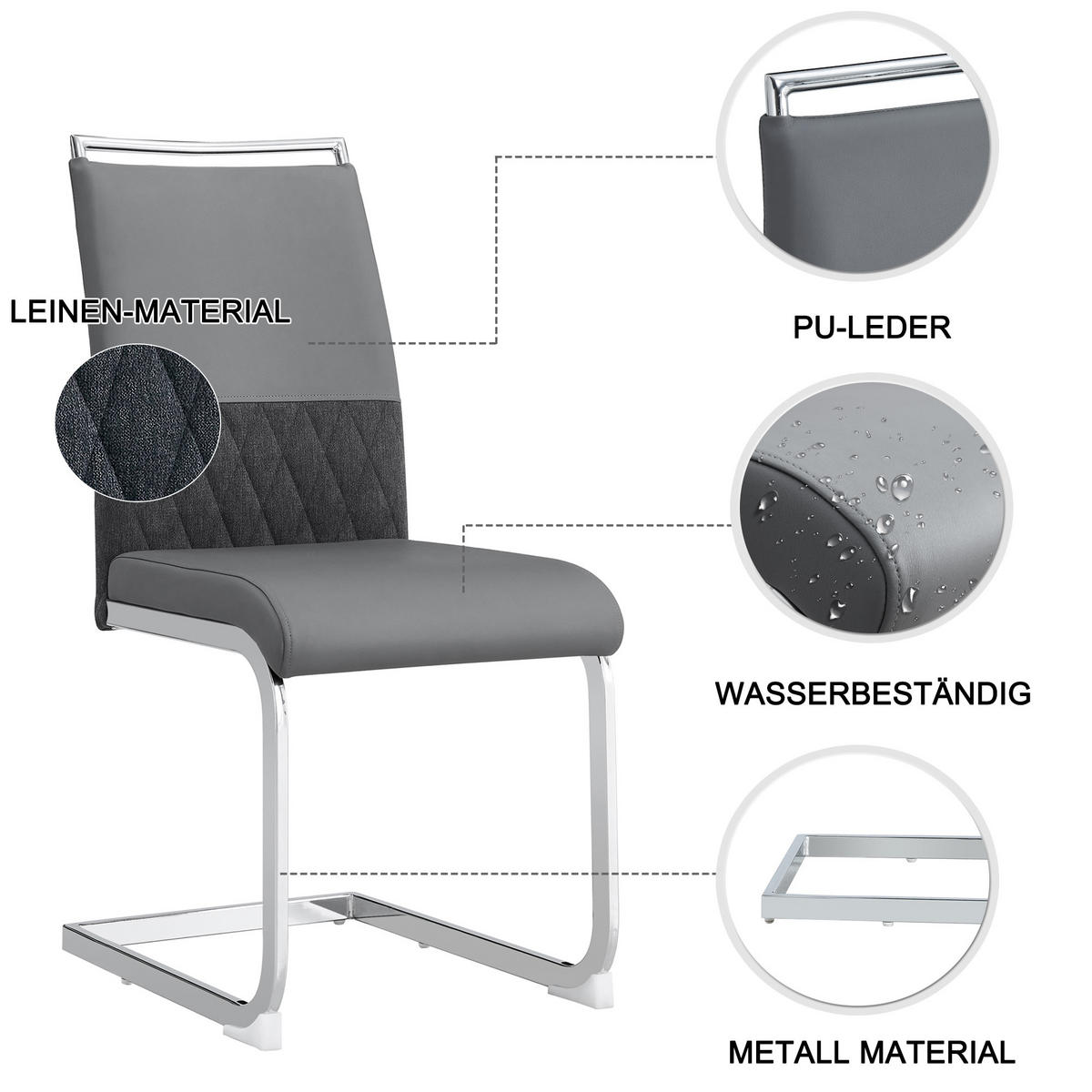 ESSZIMMERSTUHL 2er-Set mit Kunstleder- und Leinenpolsterung, ergonomischer Küchen- und Bürostuhl, grau - Grau, Kunststoff (48/95/42cm) - Luhomfu