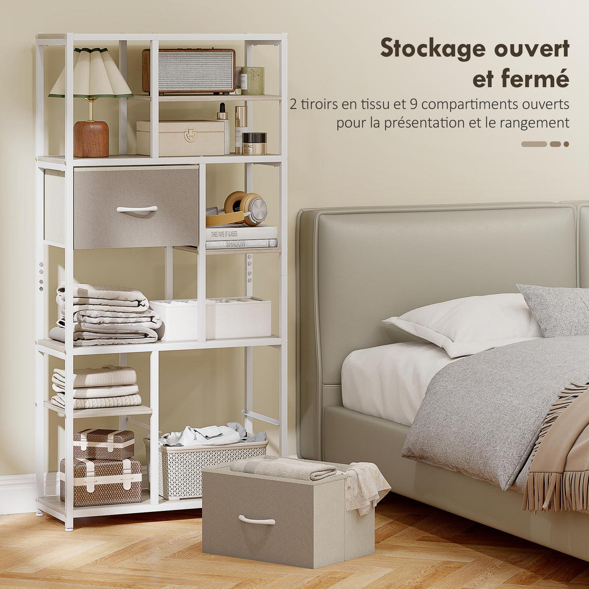REGAL DE-15550 72,5/30/150 cm, 6 Ebenen mit 2 Stoffschubladen Weiß - Eichefarben, Metall (72.5/150/30cm) - ComfortXL