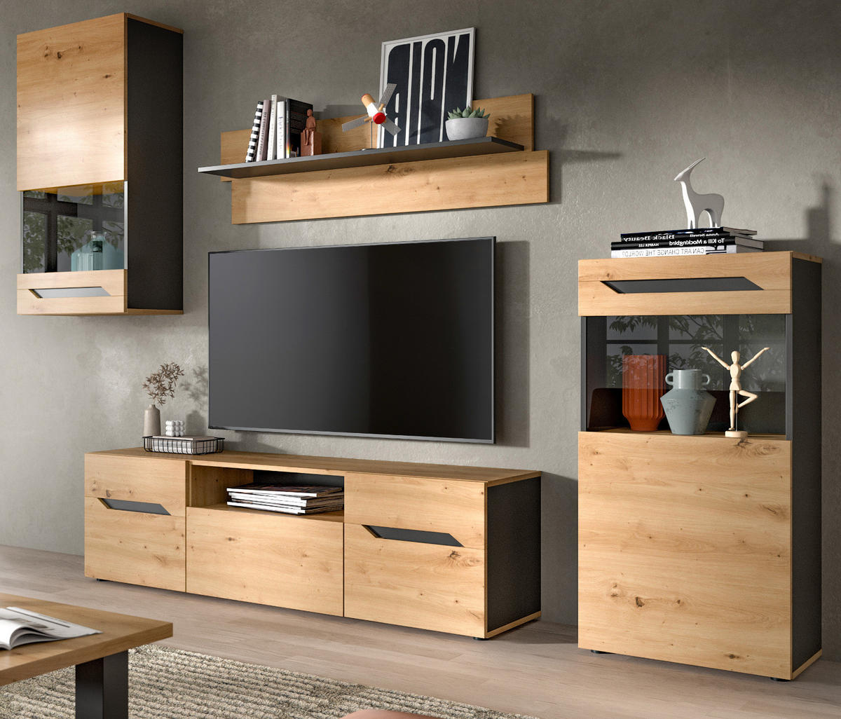 WOHNWAND Eiche Artisan und Grau, Set mit 2x Vitrine hängend / stehend, Breite 260 cm - Dunkelgrau/Schwarz, Glas/Holzwerkstoff (354/196/40cm) - Inn.Furn