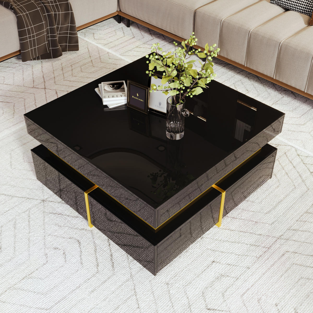 COUCHTISCH aus Spanplatte 70x70x35,5 cm Schwarz Hochglanz mit 2 Schubladen und goldfarbenen Akzenten - Schwarz, Holzwerkstoff (70/70/35.5cm) - IVMEU