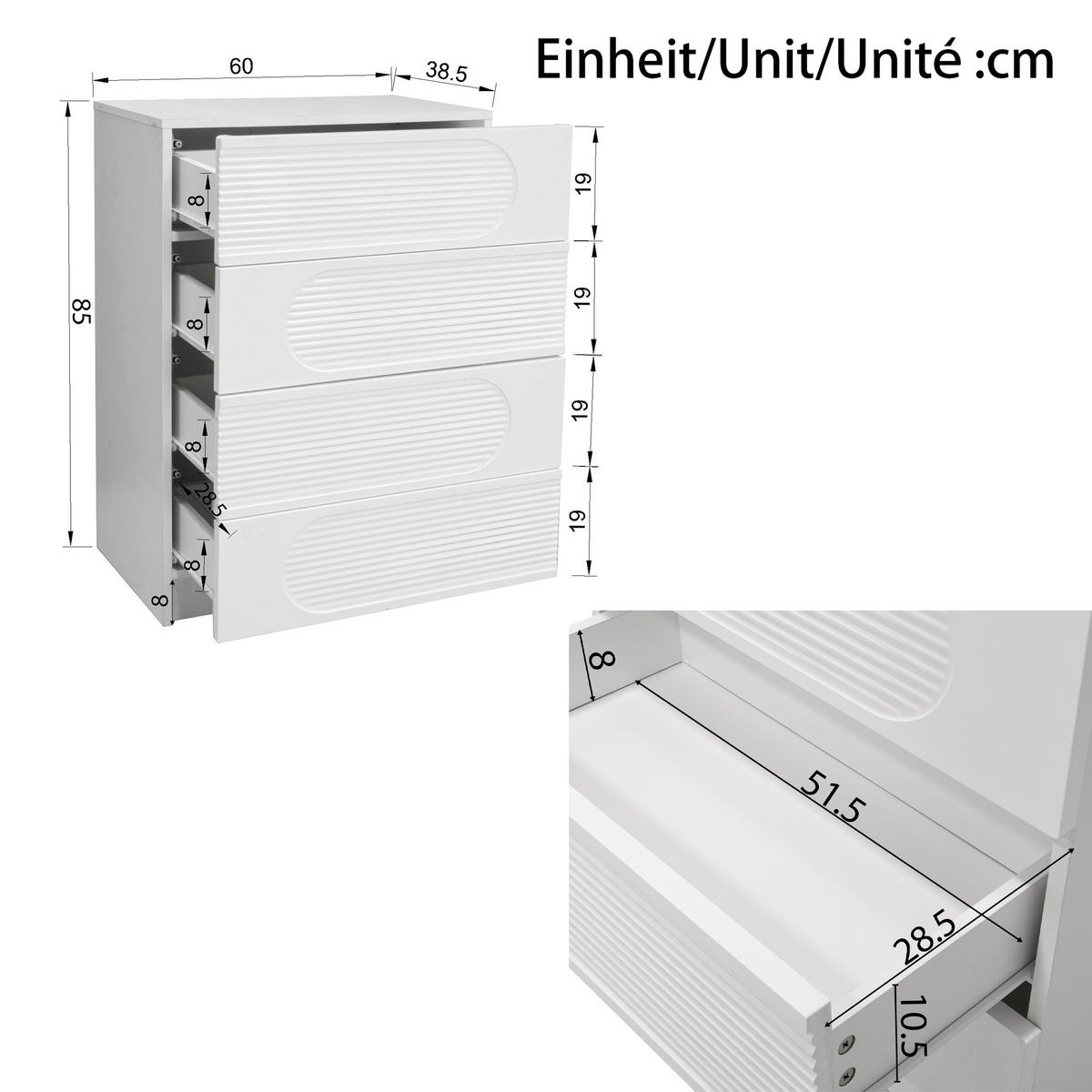 AUFBEWAHRUNGSSCHRANK 4 Schubladen Stauraum Vollauszüge Vielseitig - Weiß, Holzwerkstoff (38.5/85/60cm) - FLIEKS