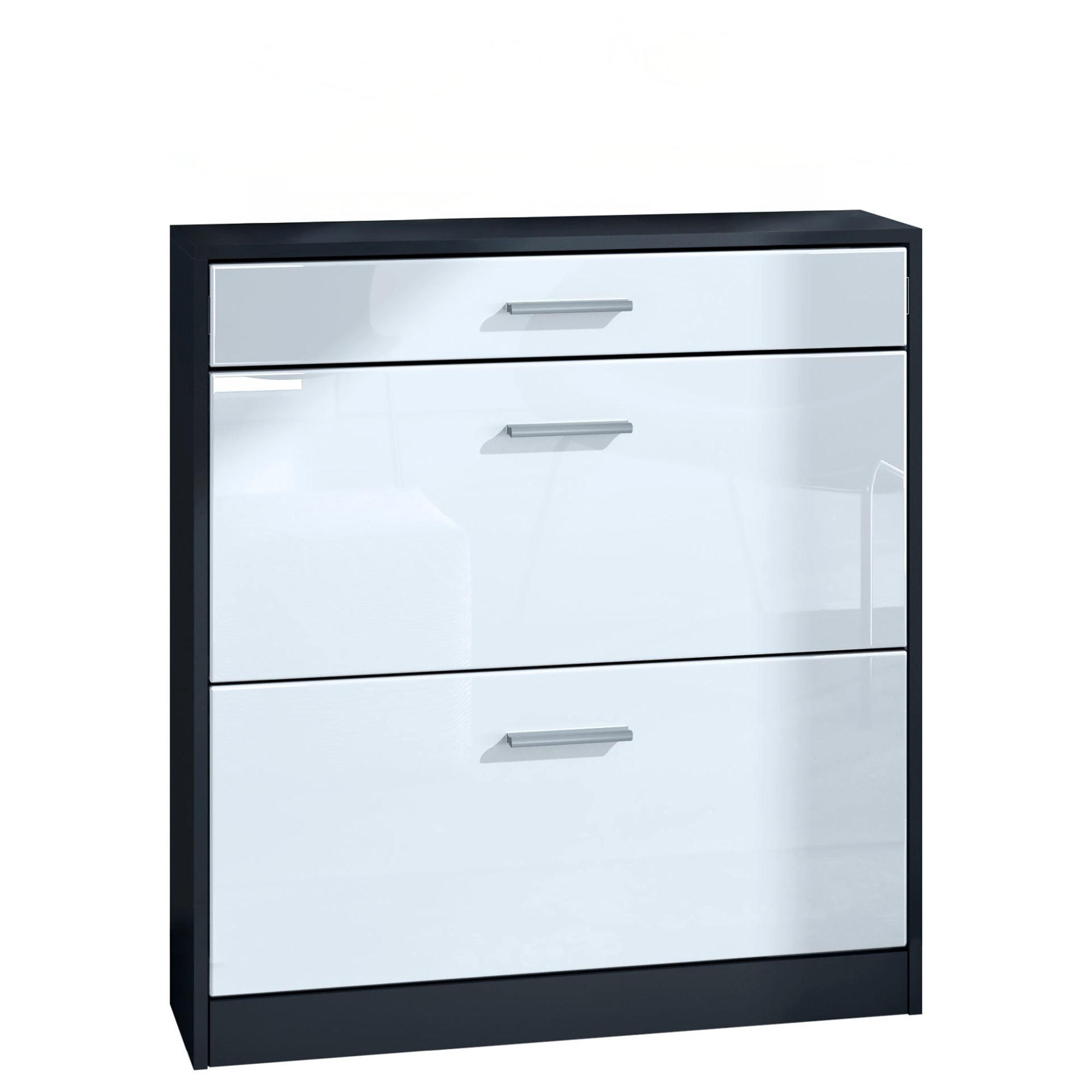 SCHUHSCHRANK Roma Schmal mit 2 Klappen und 1 Schublade, Platzsparender Schuhkipper, Schwarz/Weiß Hochglanz (89 x 95,5 x 23 cm) - Weiß Hochglanz, Holzwerkstoff (89/95.5/23cm) - InnoFurn