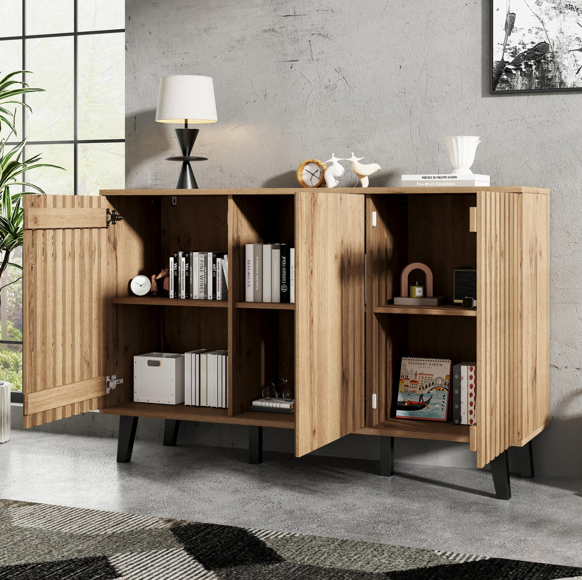 TV stolek a komoda 180/40/55 cm a 150/40/95 cm s otevřenými a uzavřenými přihrádkami, stabilní konstrukce, Přírodní dřevo - světle hnědá, kompozitní dřevo (180/55/40cm) - Redom