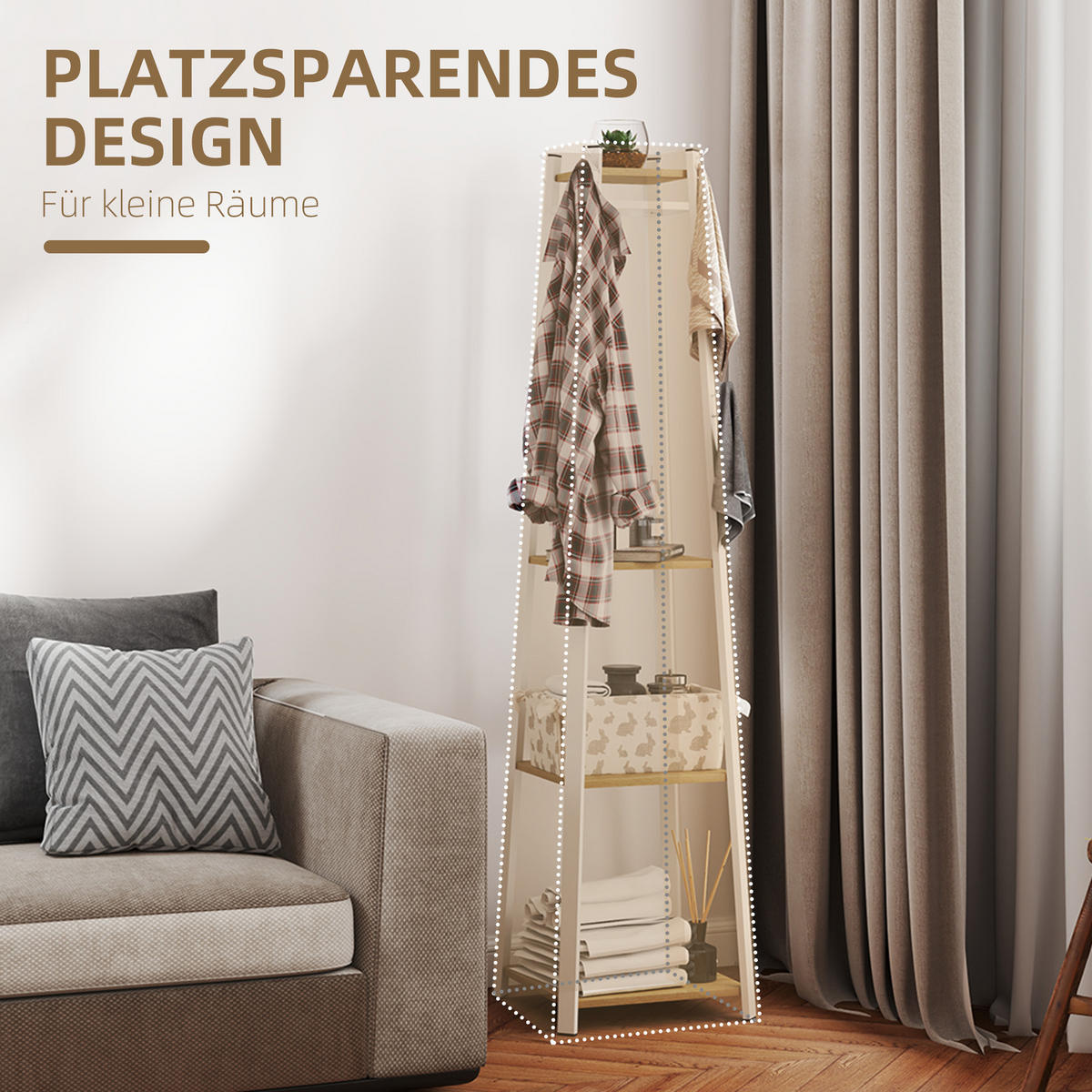 GARDEROBENSTÄNDER, mit 8 Haken, 4 Ebenen, Flur, 34 x 34 x 170 cm, Weiß - Eichefarben, Holzwerkstoff (34/170/34cm) - HOMCOM