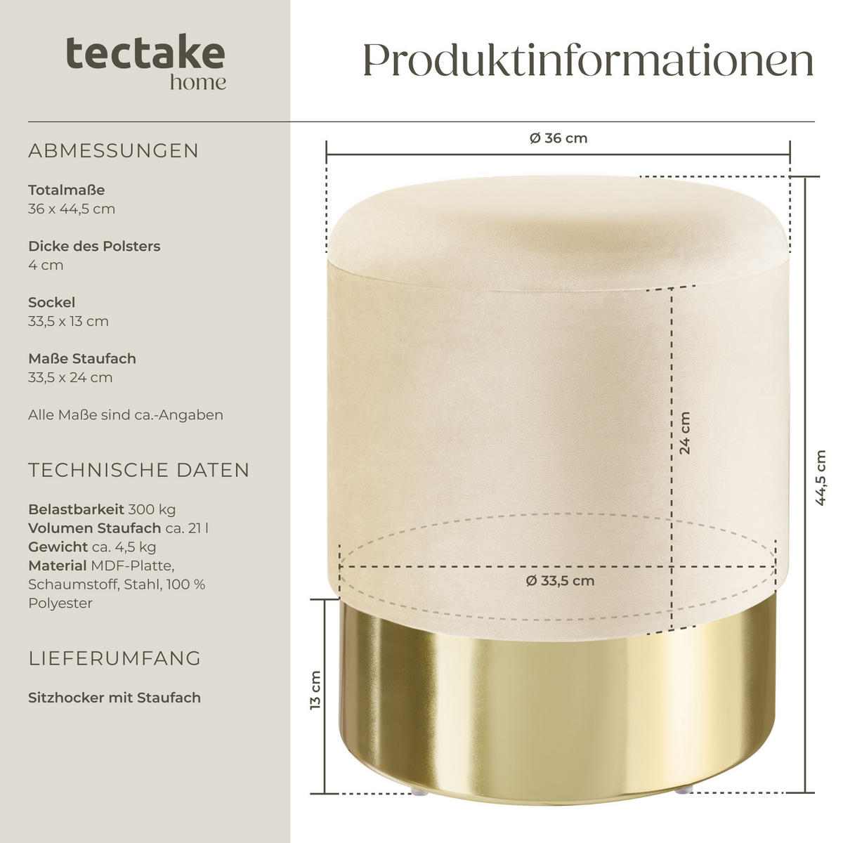 SITZHOCKER mit Stauraum Sarina,36 x 44,5 cm,creme - Creme, Holz (36/44.5/36cm) - tectake