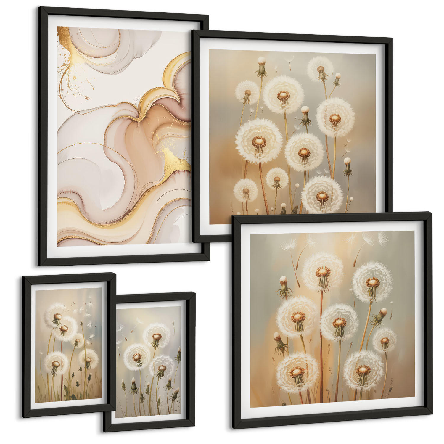 BILDER SET 5er Set - 50x50 cm & 20x30 cm & 40x60 cm Schwarzer Rahmen - Zitronenblüten am Meer - Schwarz, Kunststoff (40/60cm) - TULUP