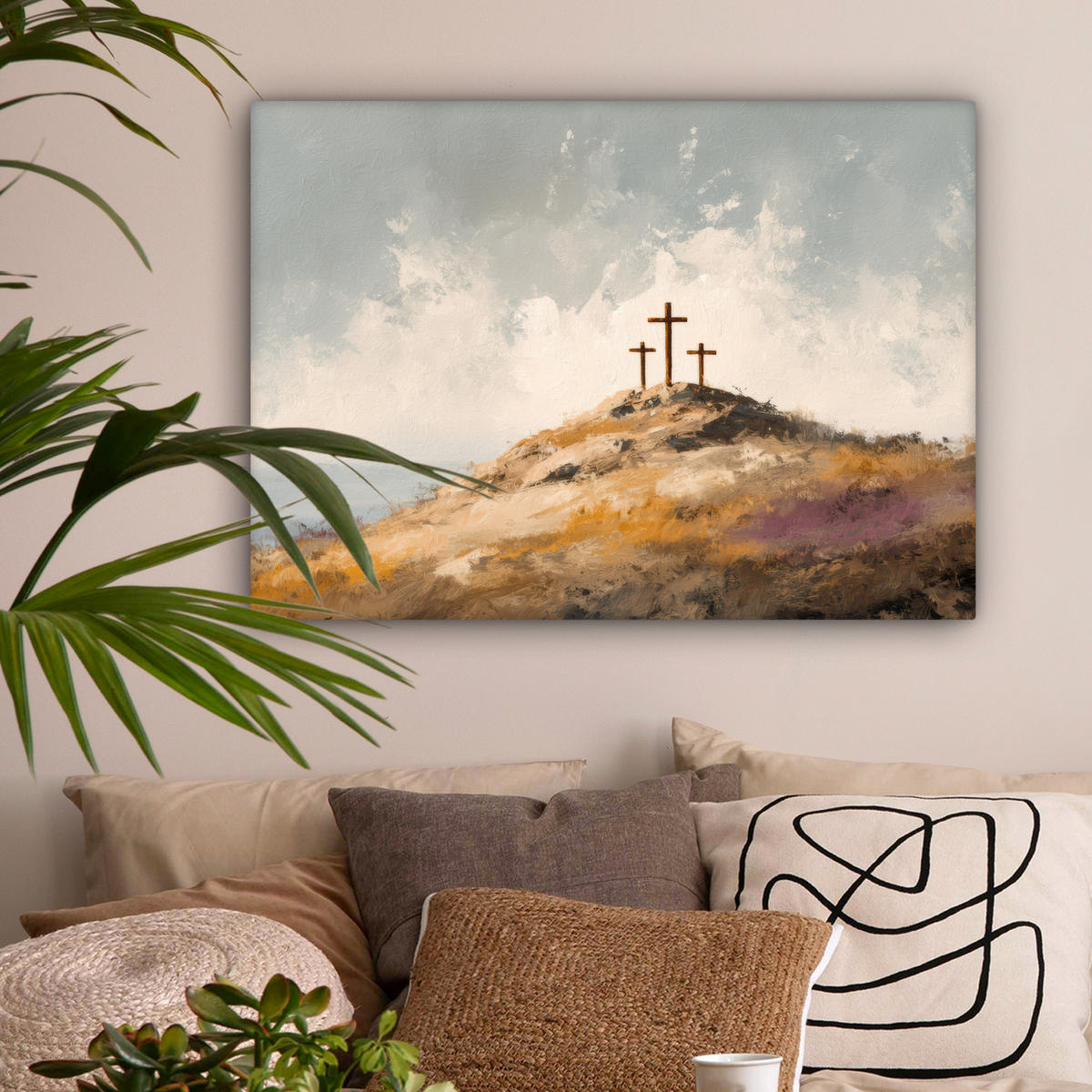 LEINWANDBILD Hügel - Abstrakt - Christentum - Kreuz Wandbilder 80x60 cm - Hellgrau, Textil (80/60cm) - MuchoWow