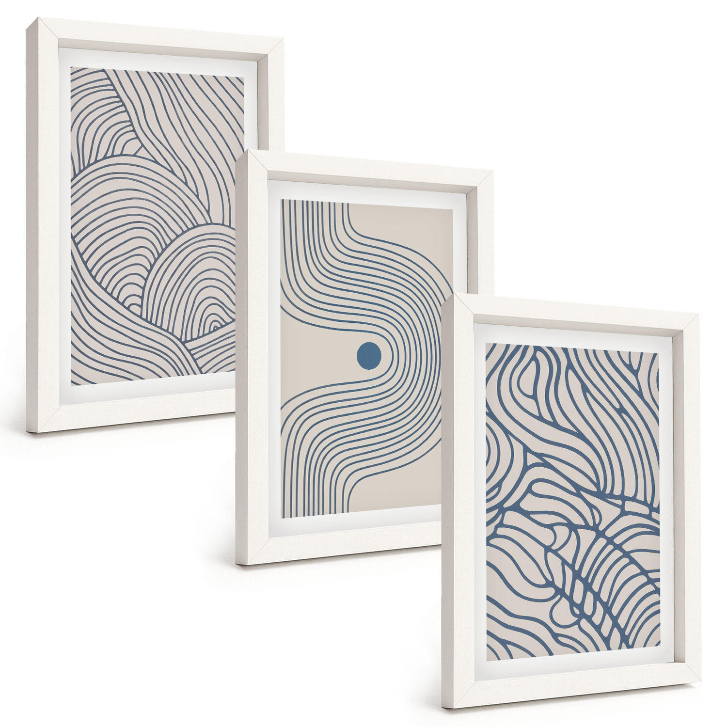 BILDER SET 3er Set - 20x30 cm Weißer Rahmen - Abstrakte Linien, Wellenformen - Weiß, Kunststoff (20/30cm) - TULUP