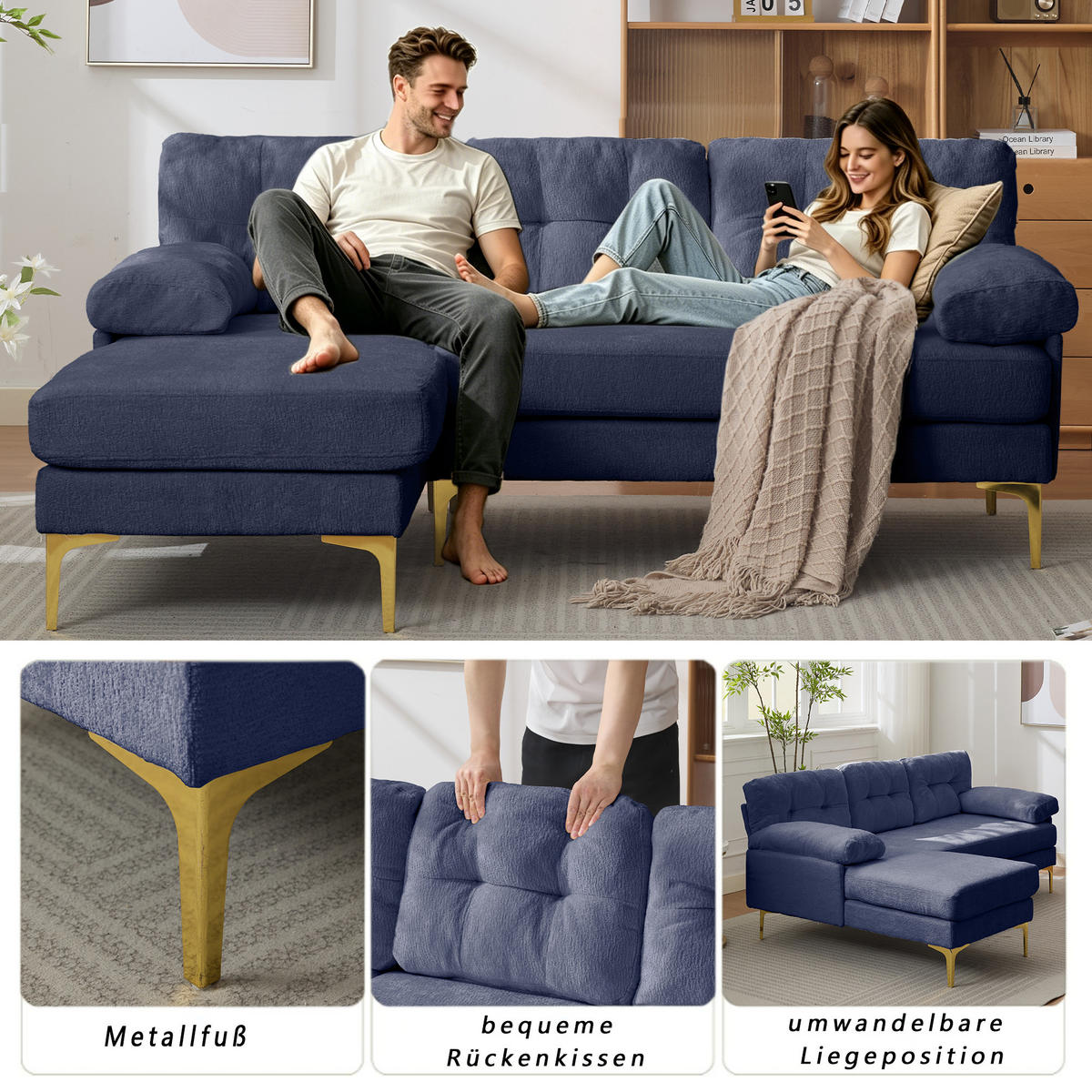 L-FÖRMIGES ECKSOFA Blau 187,5/130/79 cm 3-Sitzer Chenillebezug - Blau, Holz (187.5/130cm) - PANGIVO