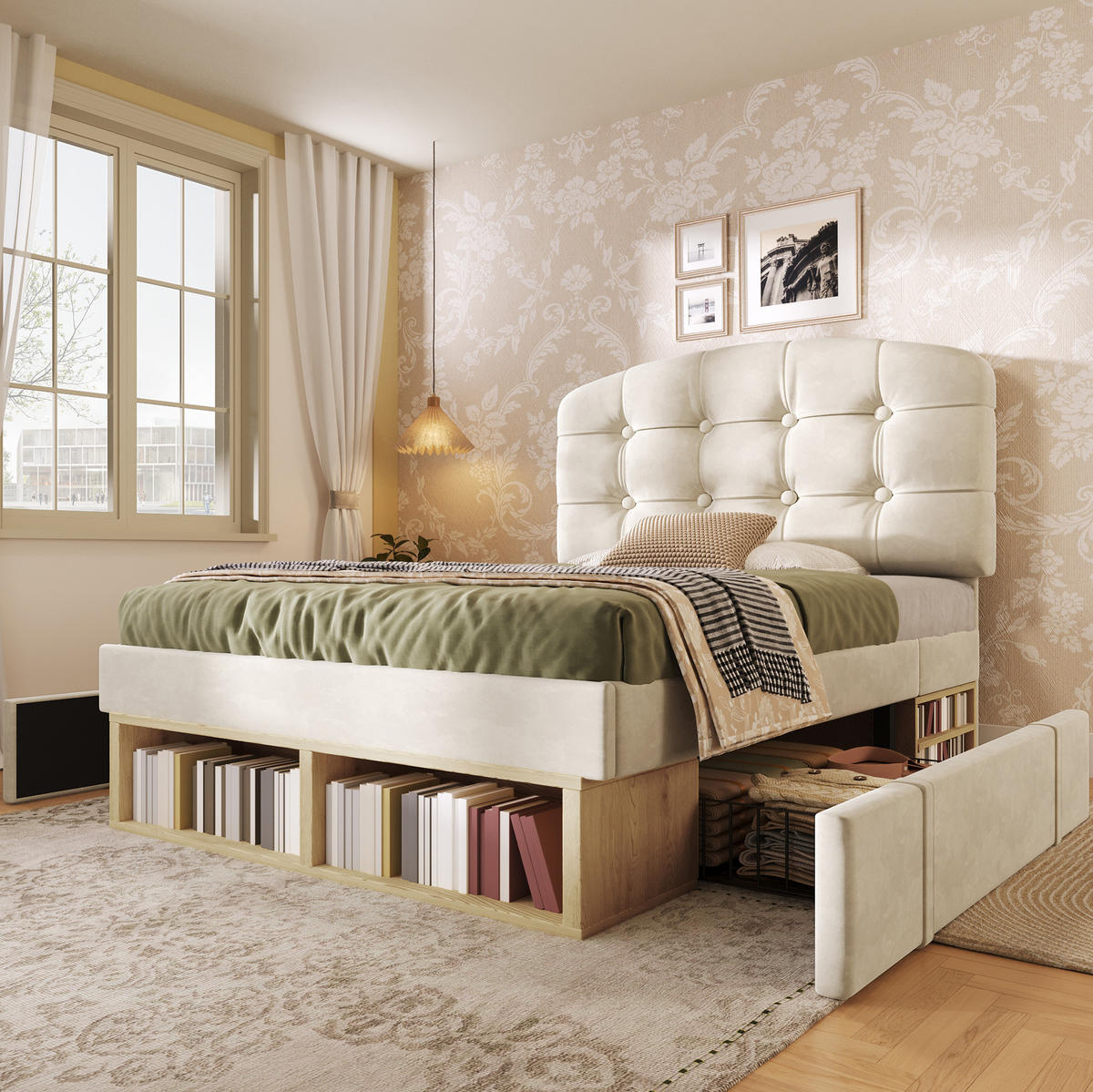 POLSTERBETT 90x200 cm in Beige mit Schubladen, Stauraum und verstellbarem Kopfteil - Beige, Textil (90/200cm) - IVMEU