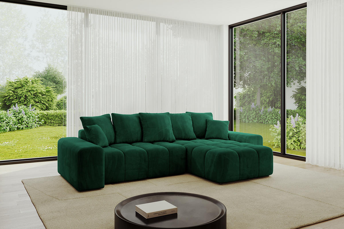 ECKSOFA Ottomane rechts ENIL-L 297x189x68 Dunkelgrün Velours - Dunkelgrün, Holzwerkstoff/Kunststoff (189/297cm) - ALTDECOR