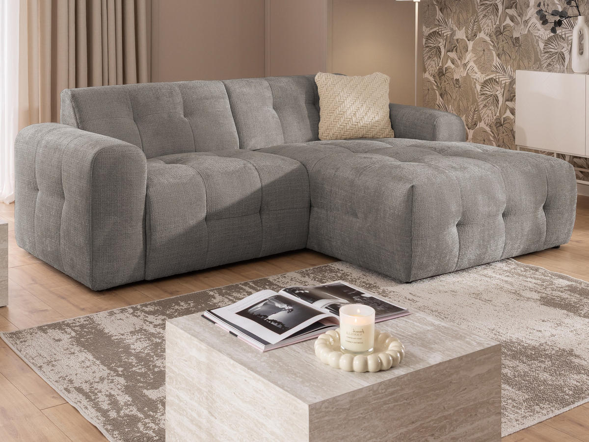 ECKSOFA Kozy im Bumpy-Design mit fester Rückenlehne aus weichem Taupe Chenille-Stoff - Ottomane rechts - Taupe/Schwarz, Holz/Kunststoff (234/161cm) - S-Style Möbel
