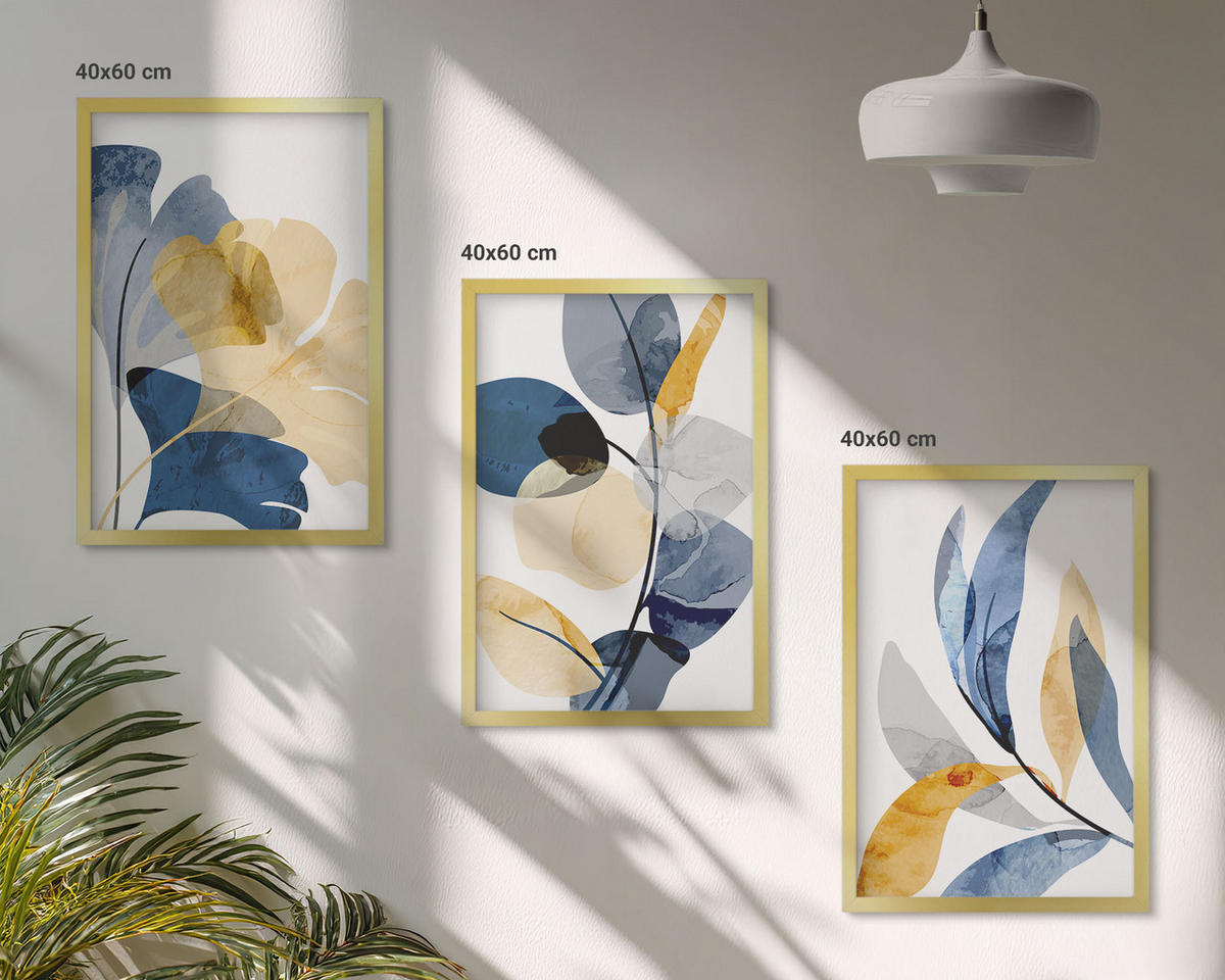 BILDER SET 3er Set - 40x60 cm Goldrahmen - Aquarell-Pflanzenmotive - Goldfarben, Kunststoff (40/60cm) - TULUP