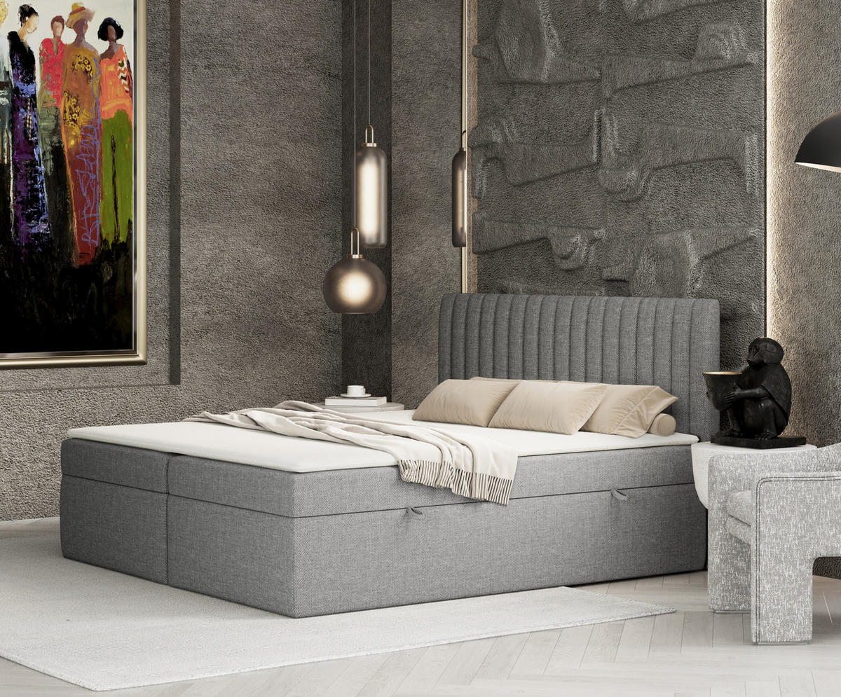 BOXBETT Spencer Grau 180/200 cm mit Matratze und Topper - Schwarz/Grau, Holz/Holzwerkstoff (180/200cm) - Maison de Reve