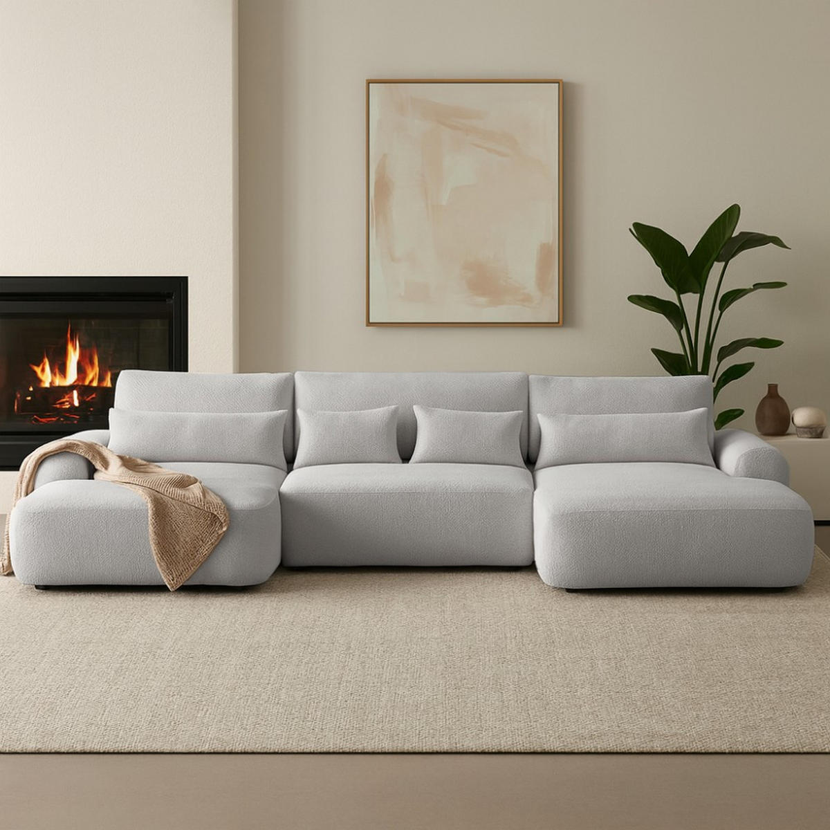 WOHNLANDSCHAFT Oliver mit Schlaffunktion, Grau, Bouclé-Stoff - Hellgrau/Schwarz, Holzwerkstoff (355/87/160cm) - Beautysofa