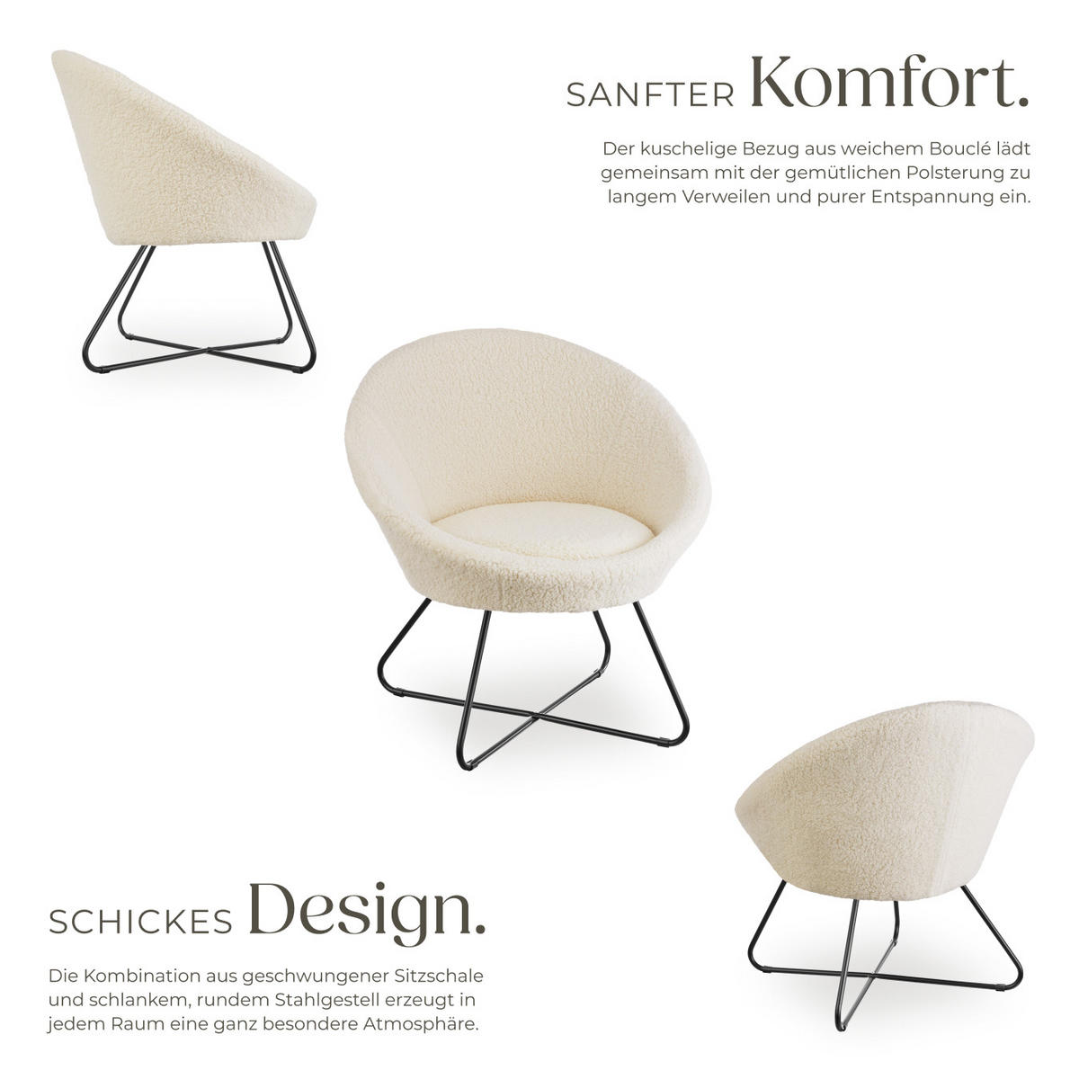 COCKTAILSESSEL Centera,83 x 73 x 82 cm,Bouclé off-white - Weiß, Metall (83/82/73cm) - tectake