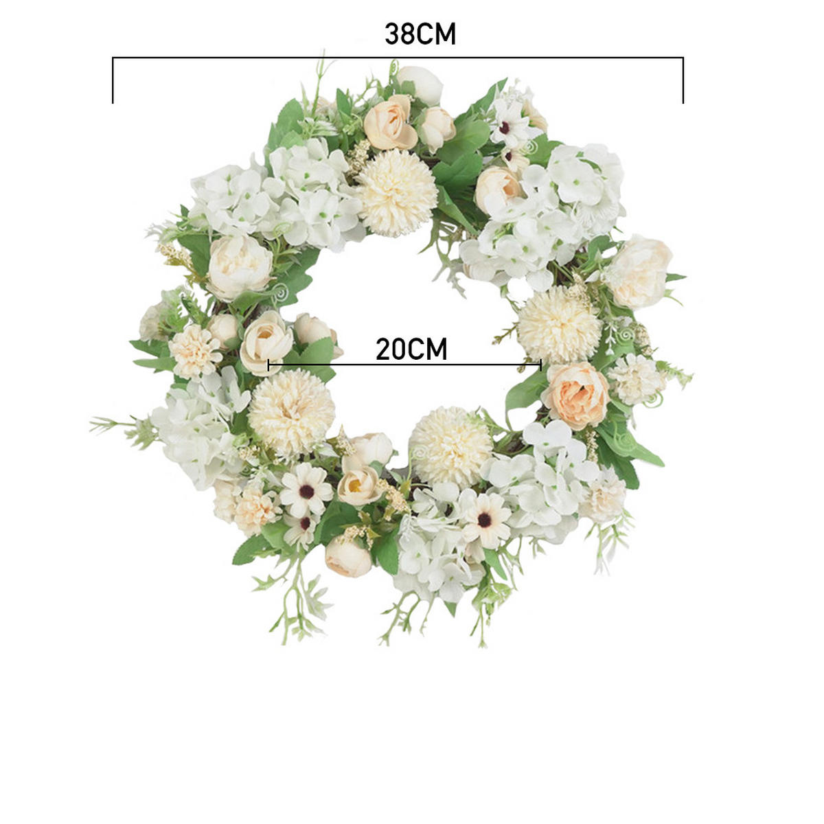 KUNSTBLUME Pfingstrosen und Mischblumen Künstlicher Frühlingskranz für Hochzeit und Dekoration - Weiß, Kunststoff (20cm) - Livingandhome