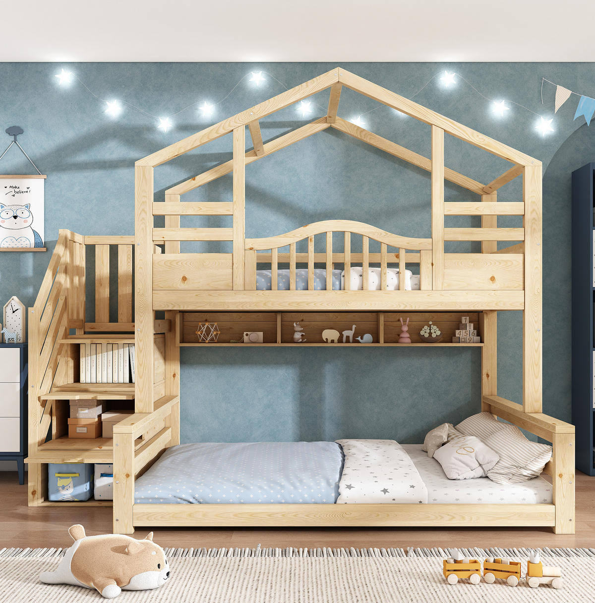 ETAGENBETT aus Holz 90x200/140x200 cm Beige + Hellnatur mit Treppenschrank - Beige, Holz (140/200cm) - IVMEU