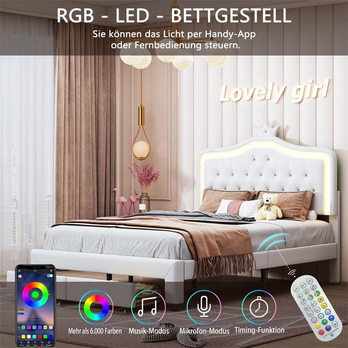 KINDERBETT 140 x 200 cm - höhenverstellbares Kopfteil mit LED-Beleuchtung und 2 Schubladen - ohne Matratze - Weiß - Weiß, Textil (140/200cm) - DELFA