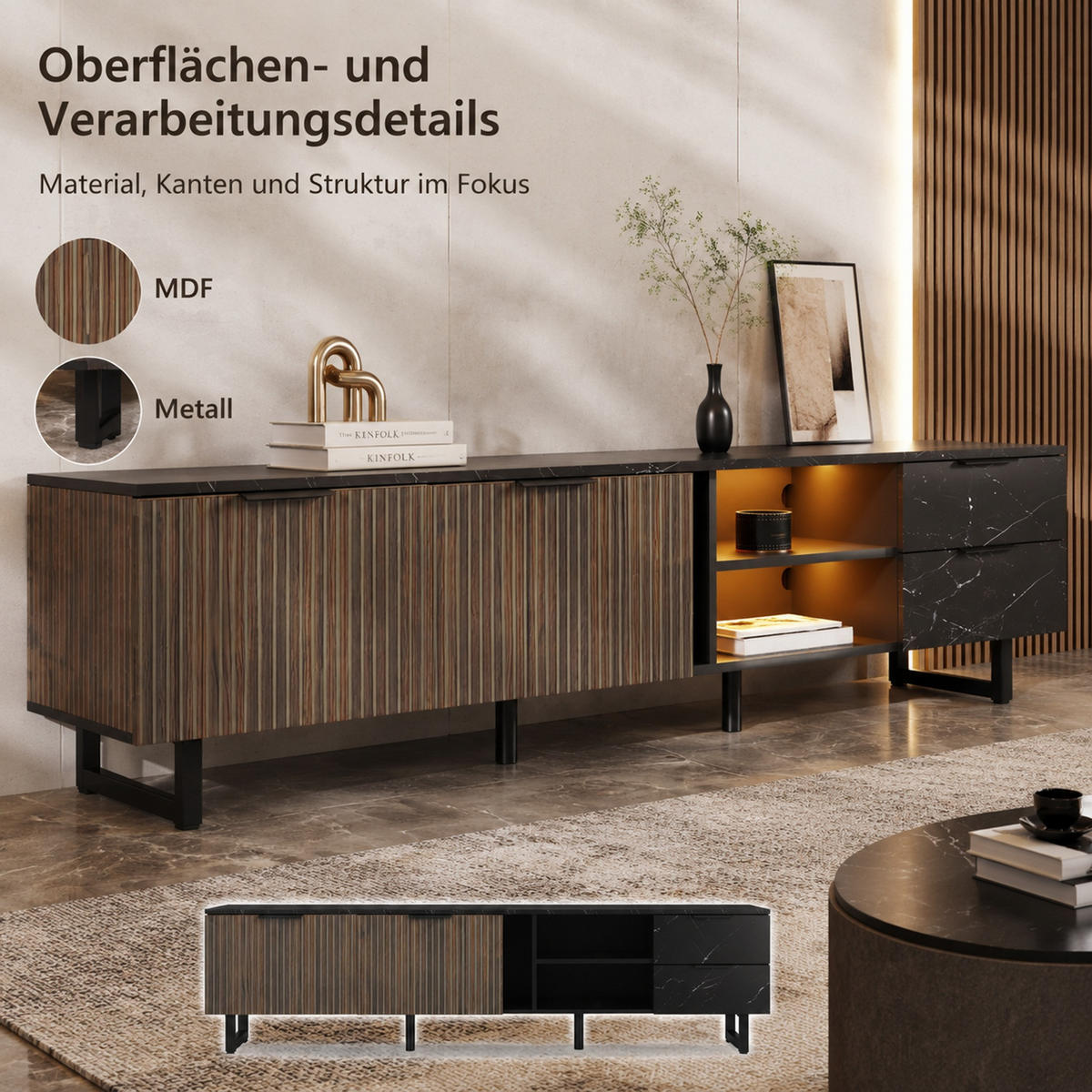 LOWBOARD 200/38/50 cm aus MDF mit LED-Beleuchtung und 15 cm Bodenfreiheit Schwarz (Marmoroptik) - Schwarz, Holzwerkstoff (200/50/38cm) - Modenvie