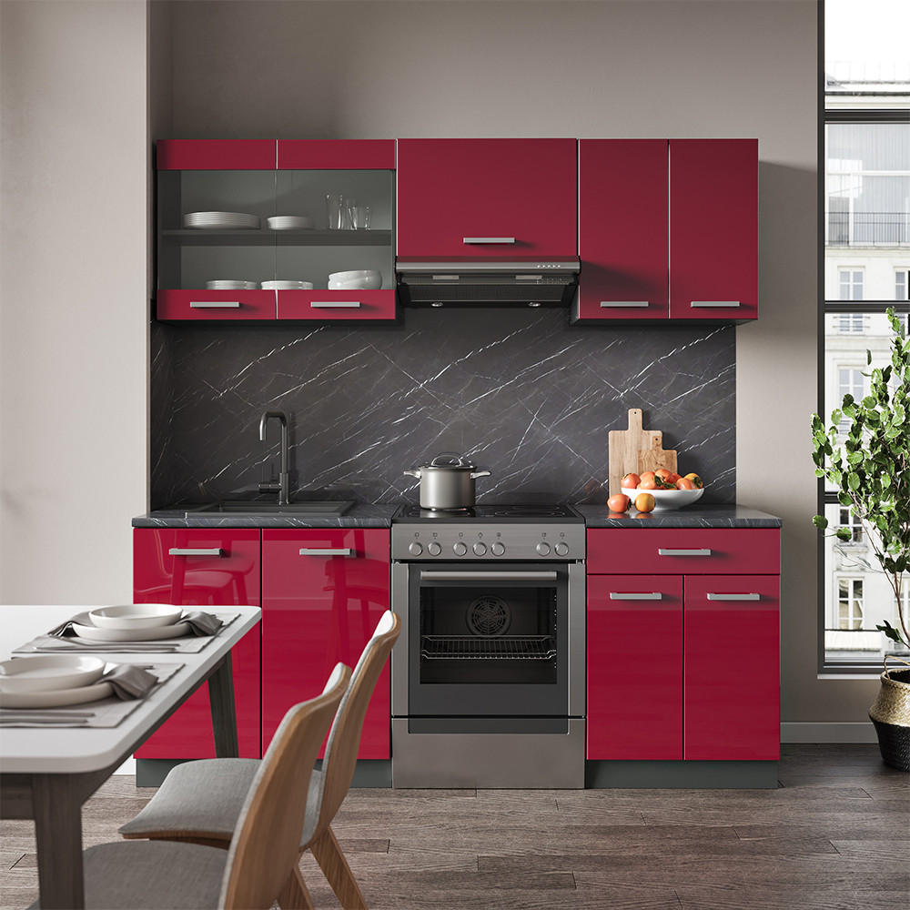KÜCHENZEILE R-Line Bordeaux Hochglanz/Anthrazit 200 cm, AP Eiche - Bordeaux/Anthrazit, Holzwerkstoff (200/81.6/60cm) - Vicco