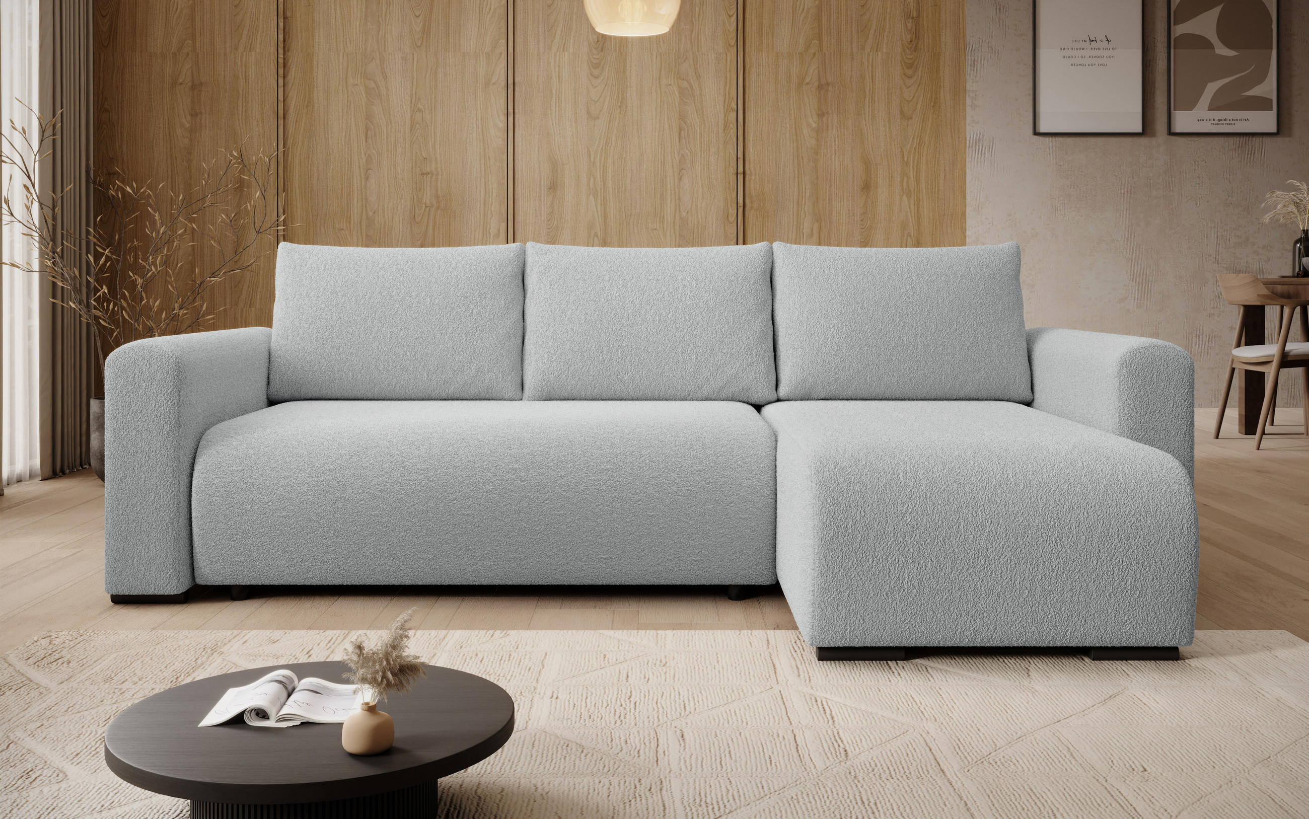 ECKSOFA DORA L, Eckcouch in L-Form mit Schlaffunktion und Bettkasten, Farbe: Grau, Bouclé-Stoff, Ottomane Rechts - Grau, Textil (240/143cm) - Storez24