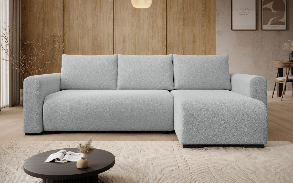 ECKSOFA DORA L, Eckcouch in L-Form mit Schlaffunktion und Bettkasten, Farbe: Grau, Bouclé-Stoff, Ottomane Rechts - Grau, Textil (240/143cm) - Storez24