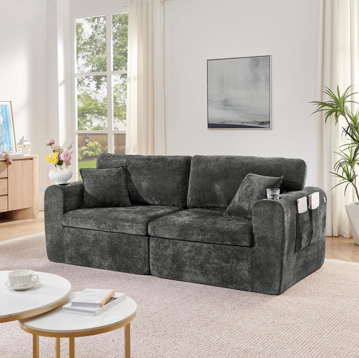 2-SITZER-RELAXSOFA mit Getränkehalter und Tasche, Chenille Schwarz - Schwarz, Kunststoff (220/89/100cm) - Meubliv