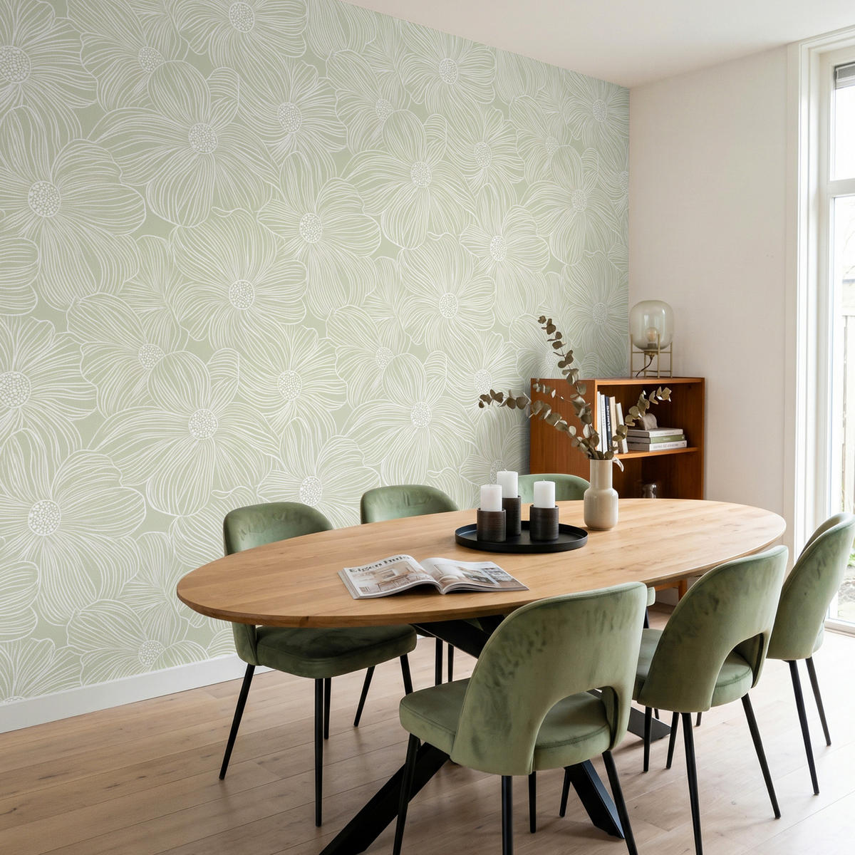 TAPETE - Gelassenheit - Blumen - Grün - 280x220 cm - Salbeigrün, Papier (280/220cm) - OnlyWow