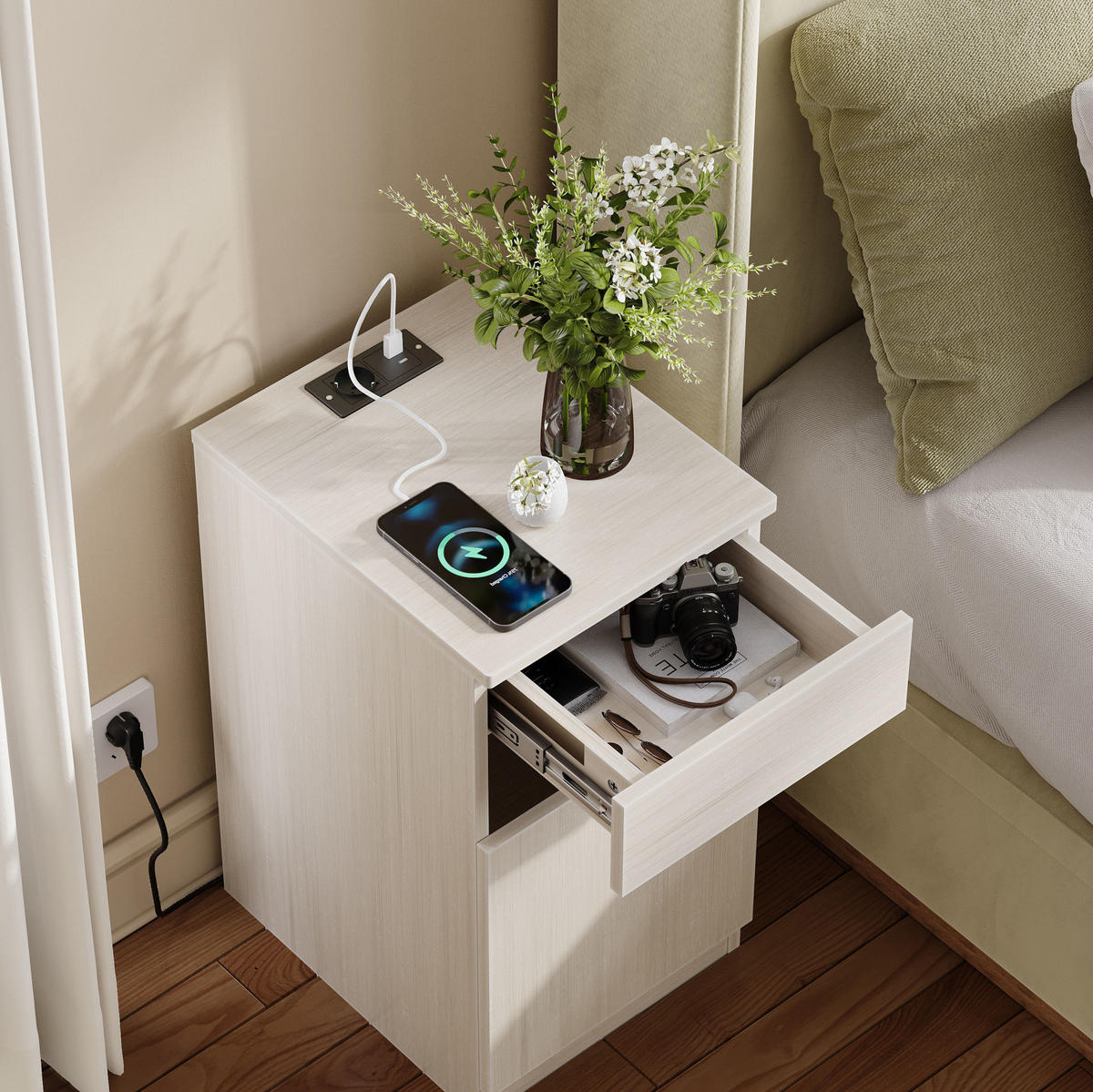 NACHTTISCH 33/61,5/40 cm Weiß aus MDF mit Ladestation - Weiß, Holzwerkstoff (33/61.5/40cm) - OKMYHOME