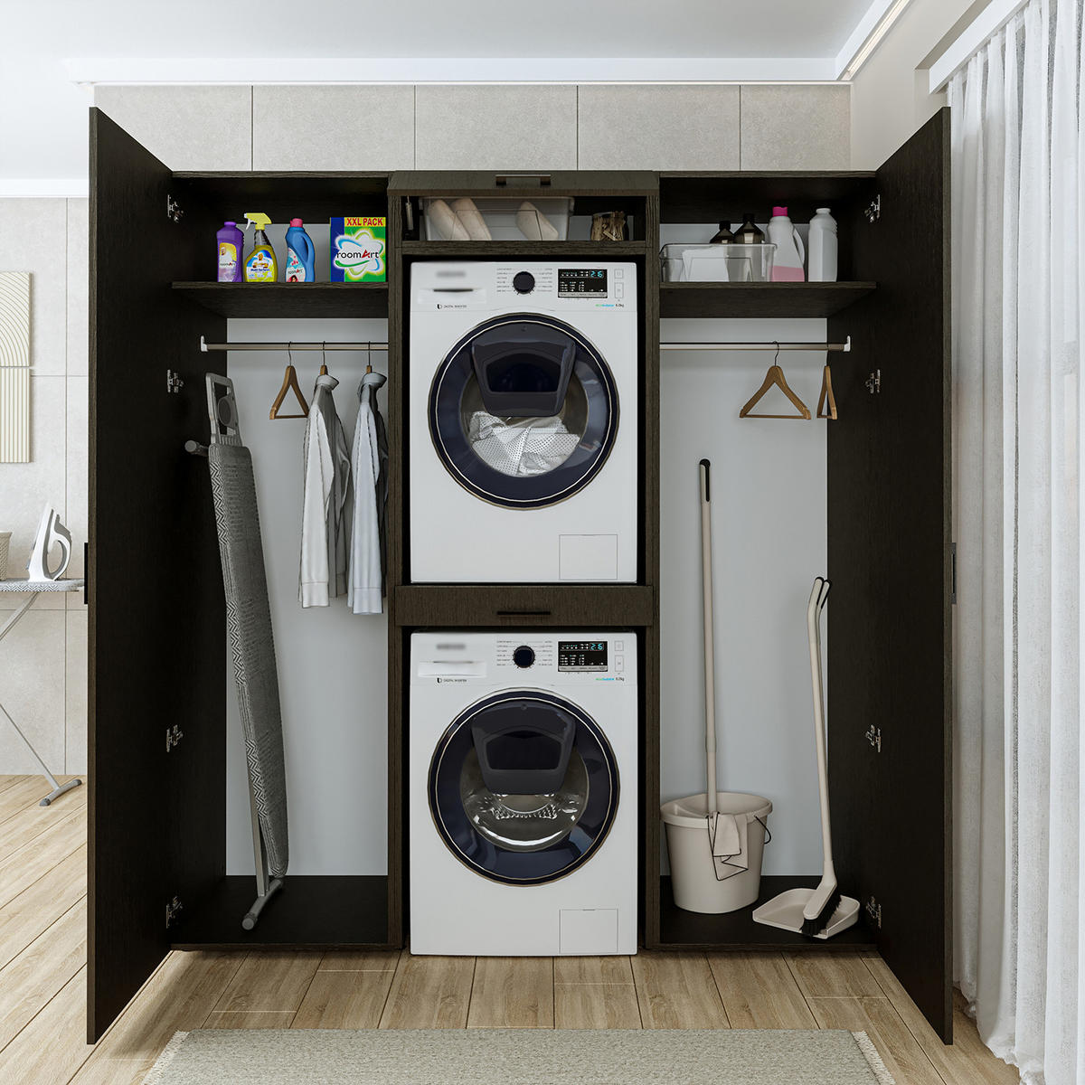 WASCHMASCHINENSCHRANK DUO-I 187cm Breit, 205cm Hoch - Schwarz, Holzwerkstoff (187/205/67cm)